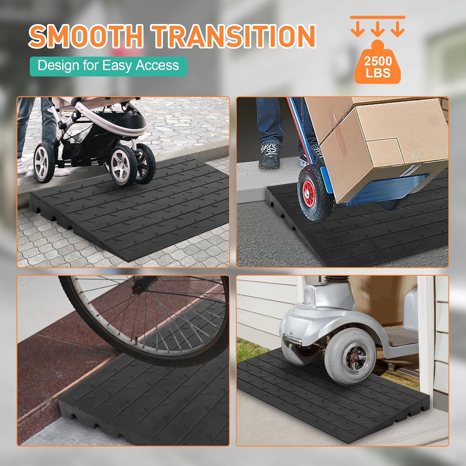 4 Inch Rubber Threshold Ramp for Wheelchair and Scooter - Durable Doorway and Driveway Curb Ramp with 3 Channels Cord Cover - Handicap Ramp for Home Entry, Steps, Doorways, and Curbs