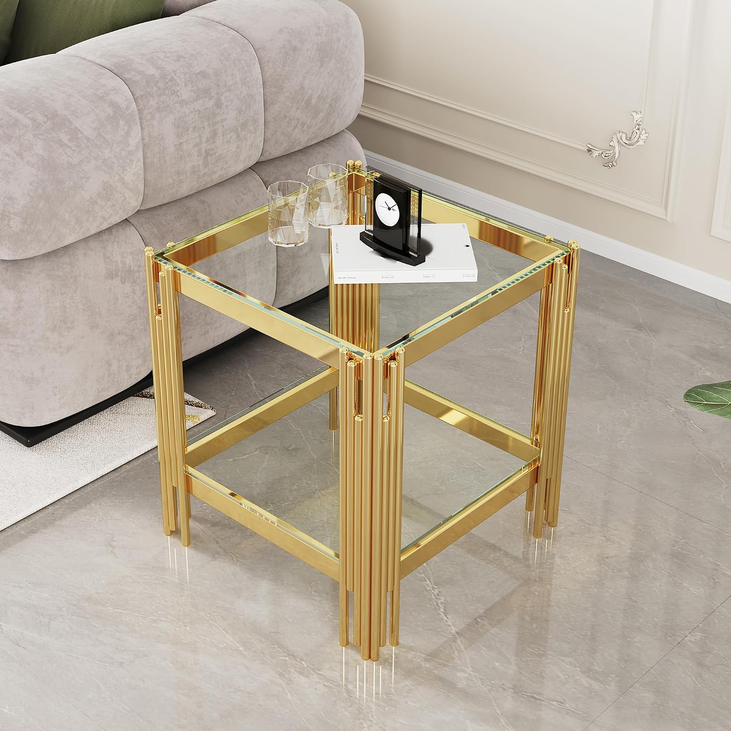 2-Tier Glass End Table, 20' Square Gold Side Table with Stainless Steel Legs and Clear Tempered Glass, Modern Luxury End Table for Living Room Home Office