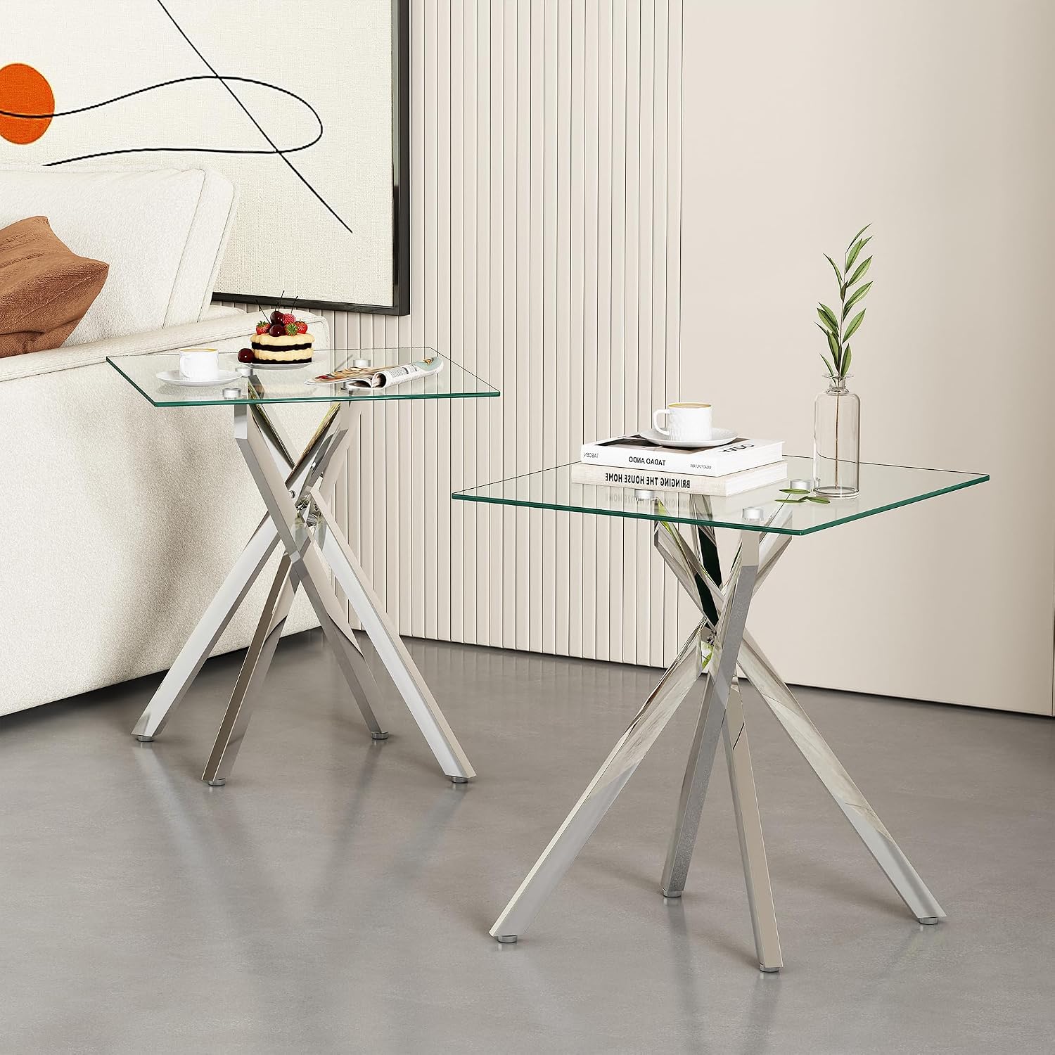 Glass Coffee Table Set of 3 Piece, Living Room Tables Set of 3 Pcs, Including 1 Coffee Table and 2 End Side Tables, Metal Frame, Tempered Glass, for Small Space, Apartment (Silver, W39.37' + W17.72')