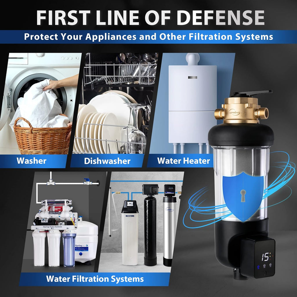 iSpring WSP200ARJ-BP Whole House Water Filter System Prefilter, Auto Flushing Spin Down Sediment Filter for Well Water, Integrated Bypass, 4-Mode Touch-Screen, Reusable, Jumbo Size, 200 Micron