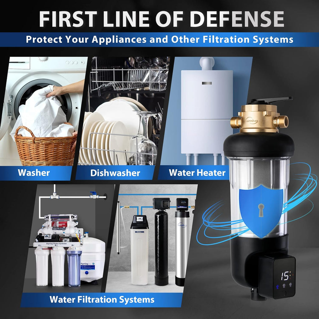 iSpring WSP100ARJ-BP Whole House Water Filter System Prefilter, Auto Flushing Spin Down Sediment Filter for Well Water, Integrated Bypass, 4-Mode Touch-Screen, Reusable, Jumbo Size, 100 Micron