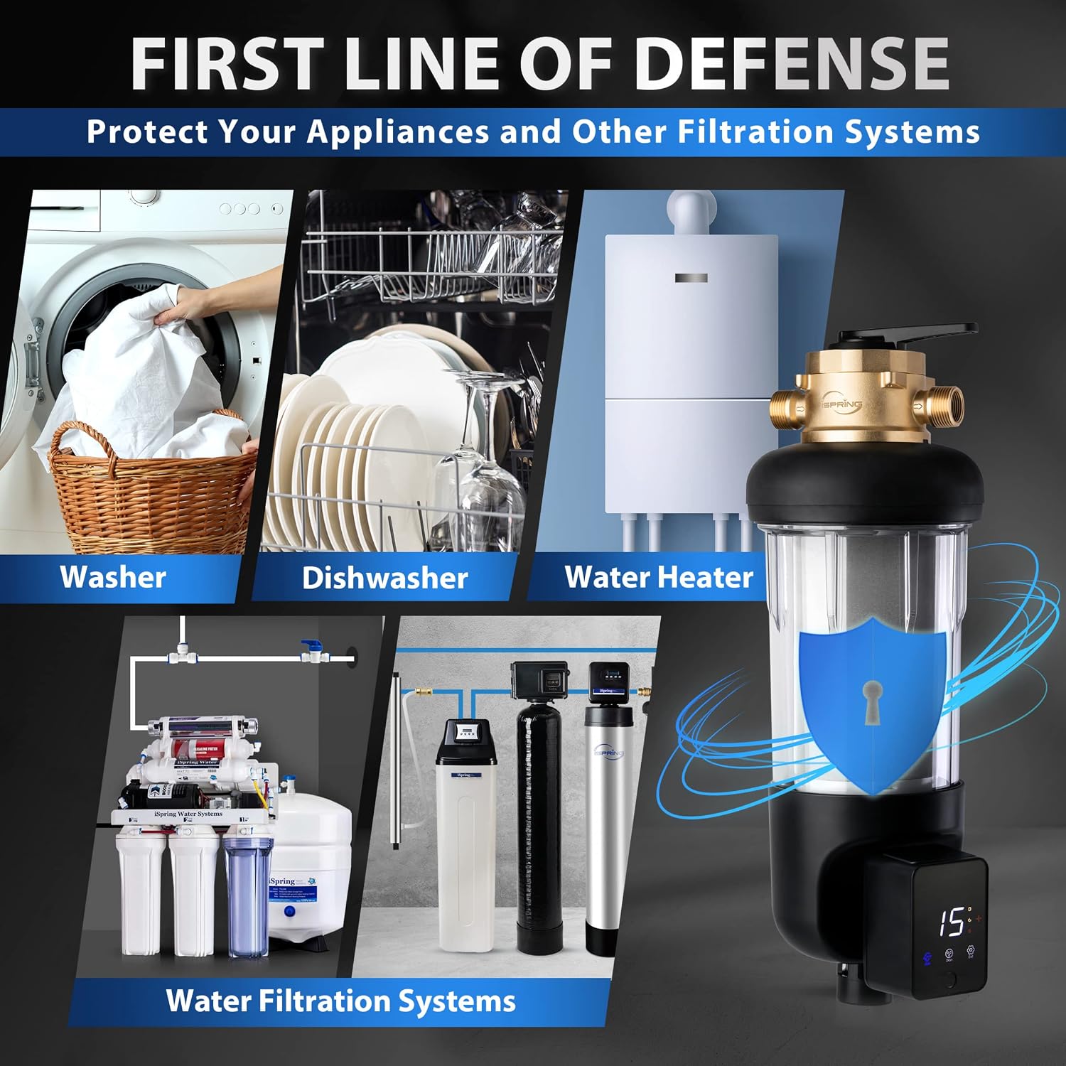 iSpring WSP100ARJ-BP Whole House Water Filter System Prefilter, Auto Flushing Spin Down Sediment Filter for Well Water, Integrated Bypass, 4-Mode Touch-Screen, Reusable, Jumbo Size, 100 Micron