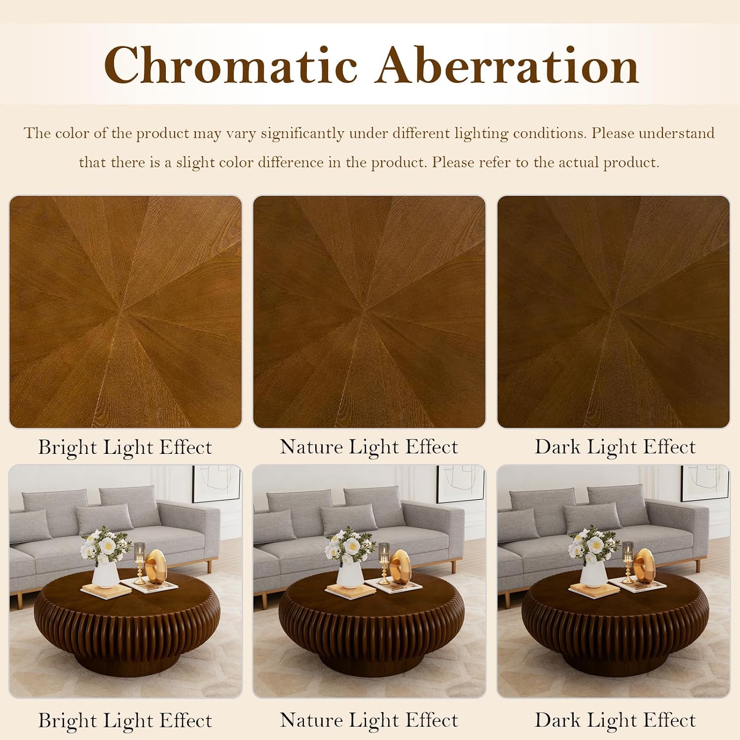 31.49' Round Fluted Coffee Table Unique Contemporary Wood Low Circle Drum Tea Tables with Sturdy Pedestal for Small Space (I Walnut 31.49in)