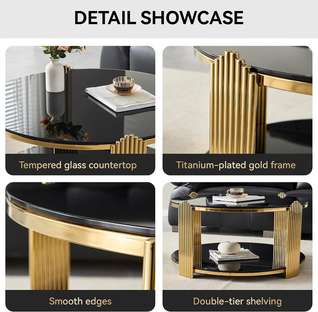 Glass Round Coffee Table with 2-Tier Storage, Black Tempered Glass Top with Gold Stainless Steel Frame, Modern Living Room Table Black Gold Round Center Table, 80 LBS Capacity
