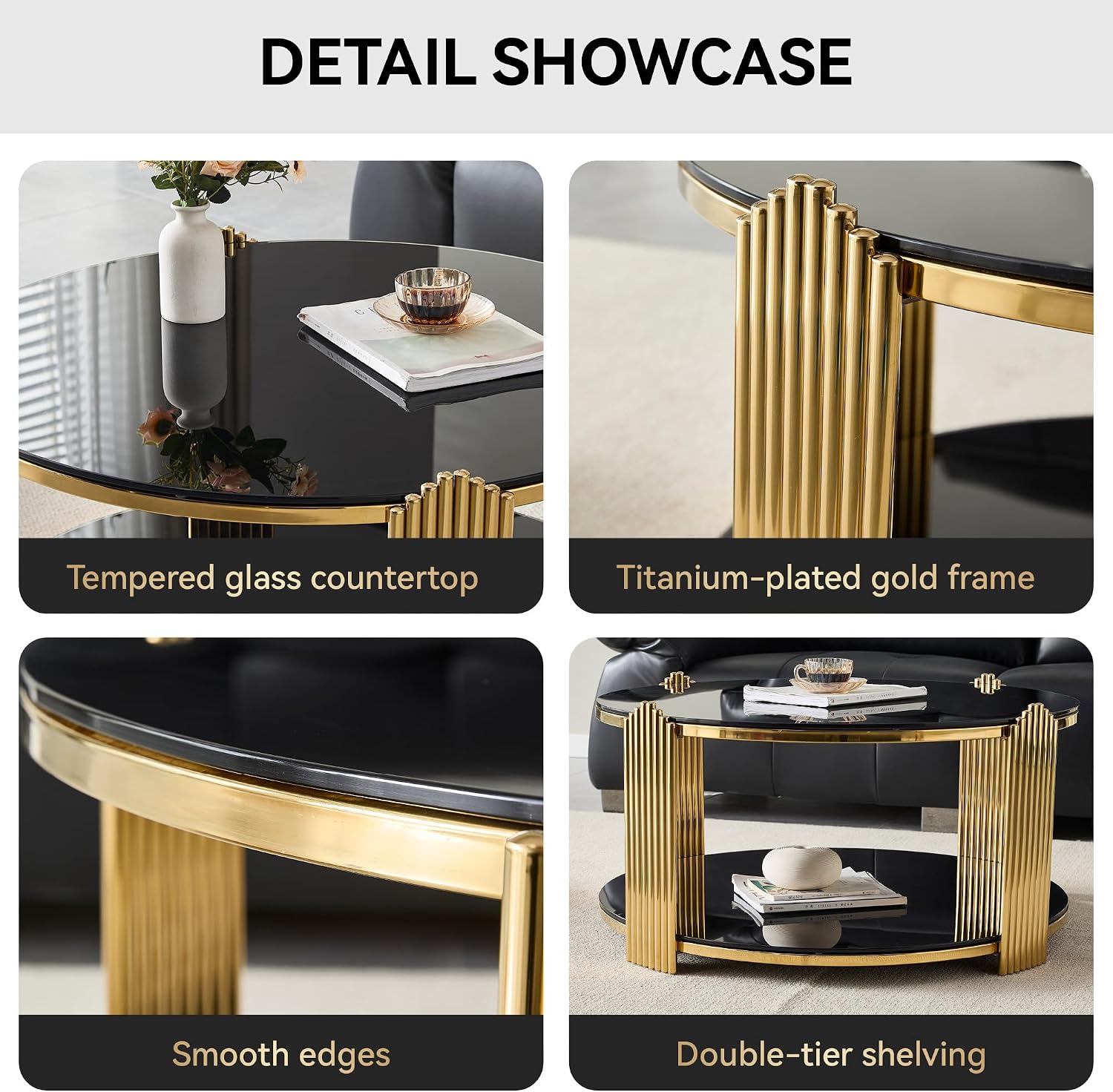 Glass Round Coffee Table with 2-Tier Storage, Black Tempered Glass Top with Gold Stainless Steel Frame, Modern Living Room Table Black Gold Round Center Table, 80 LBS Capacity