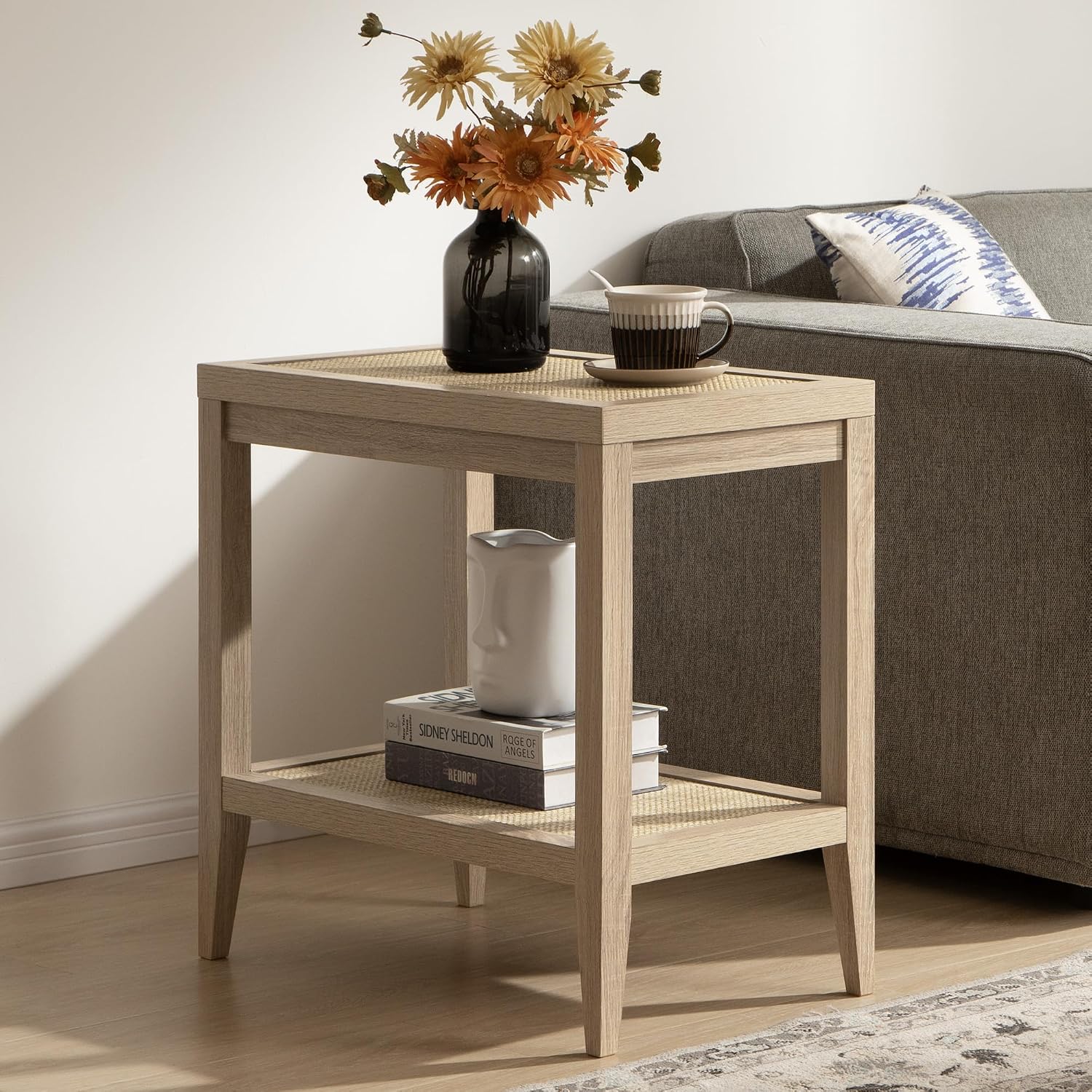 SICOTAS Rattan Coffee Table Set, 3-Piece Farmhouse End Table Set with Rectangle Center Coffee Table & 2 Accent Sofa Side Tables for Living Room, Light Oak
