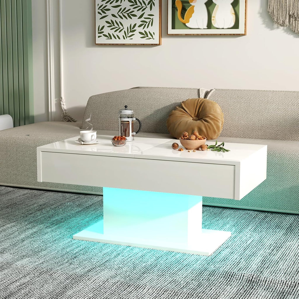 HedoAjim White LED Coffee Table with Storage for Living Room, Living Room Table Rectangular Center Table, Modern High Glossy Wooden Coffee Tables with 16 Colors LED Lights for Dining Reception Room