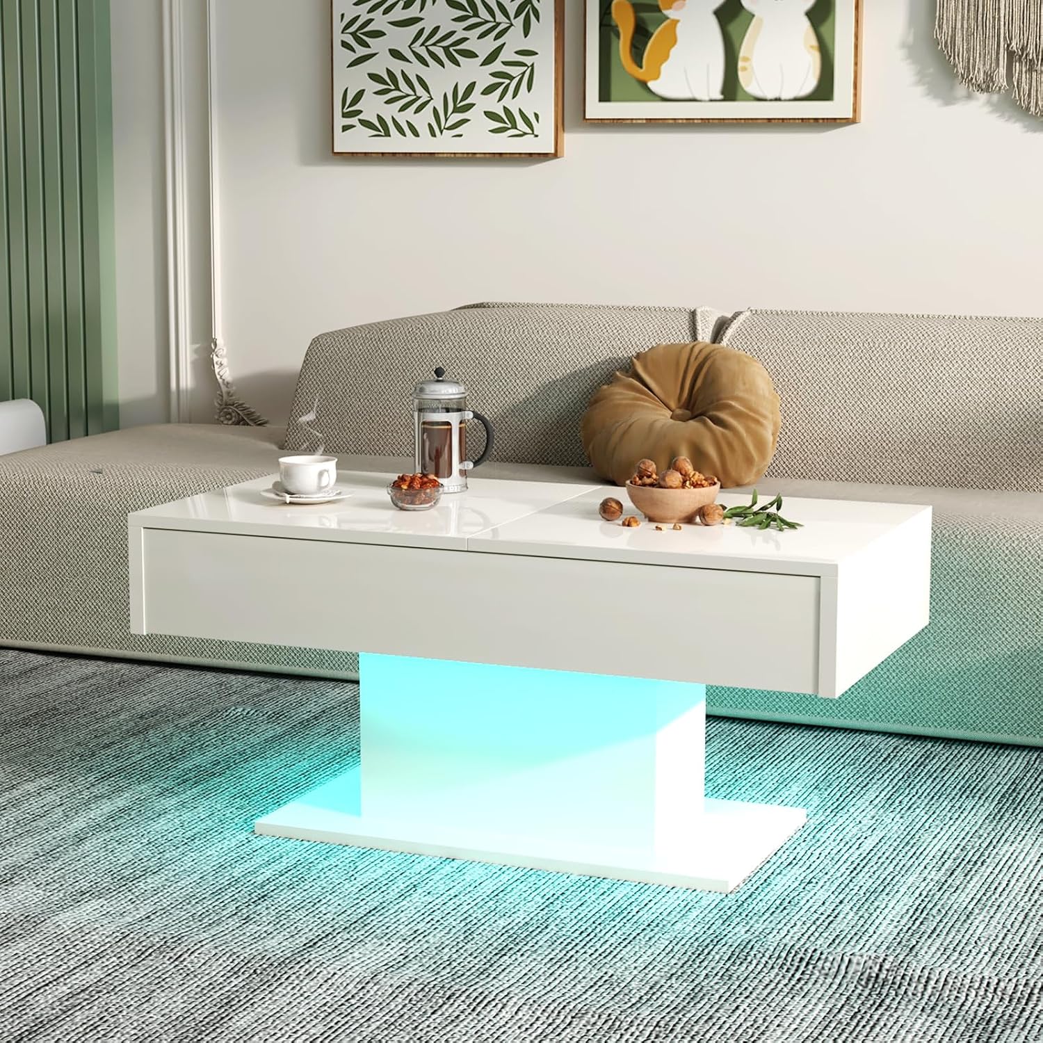 HedoAjim White LED Coffee Table with Storage for Living Room, Living Room Table Rectangular Center Table, Modern High Glossy Wooden Coffee Tables with 16 Colors LED Lights for Dining Reception Room