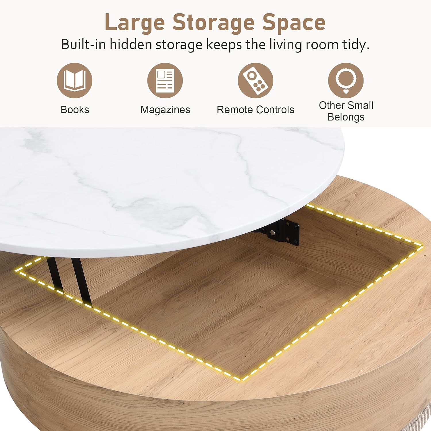 31.5' Modern Round Lift-Top Coffee Table with Storage & 3 Ottoman,White & Natural