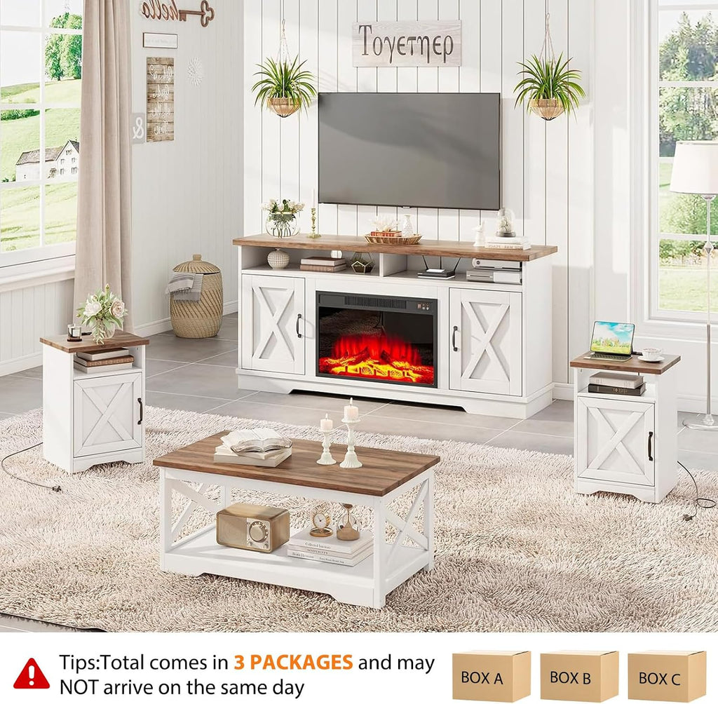 AMERLIFE 5-Piece Farmhouse Table Set Include 63' TV Stand with 26' Fireplace, 40' Coffee Table, 2 End Tables with Charging Station & USB Ports, Living Room Table Sets with Barn Door, Rustic Oak&White