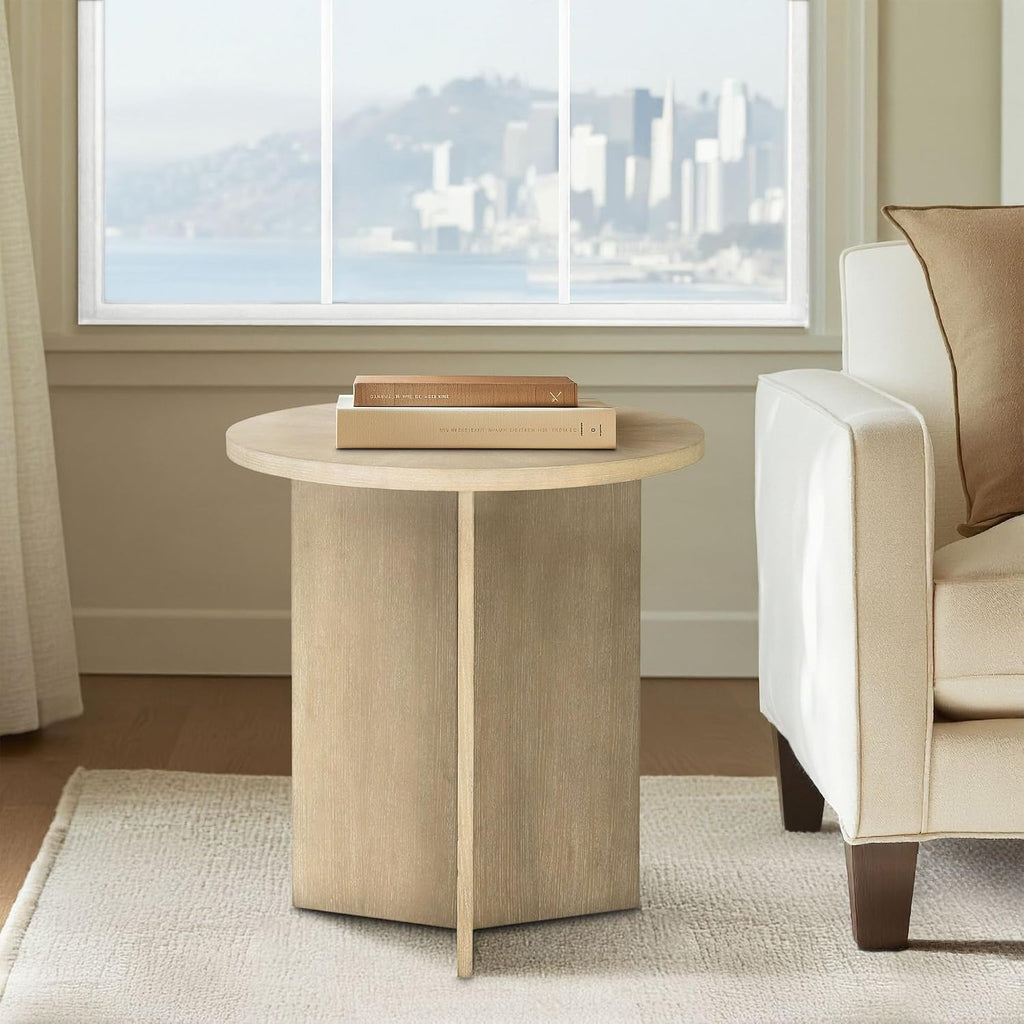 Martha Stewart Sadie Round Coffee Table – Starburst Veneer Top, Reclaimed Greige Wood Finish, Modern Accent for Living Room, Lounge, or Sitting Area, 22' x Dia 24' H