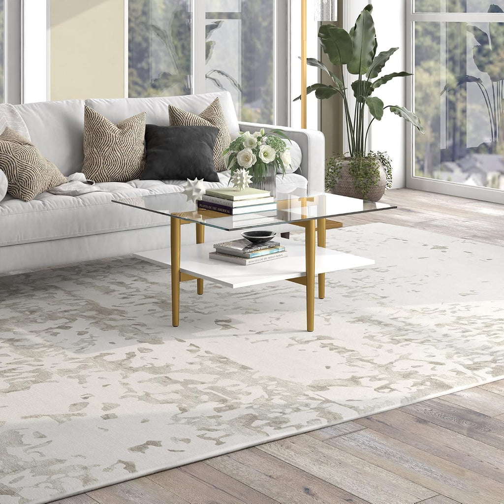 Otto 32' Wide Square Coffee Table with White Lacquer Shelf in Brass
