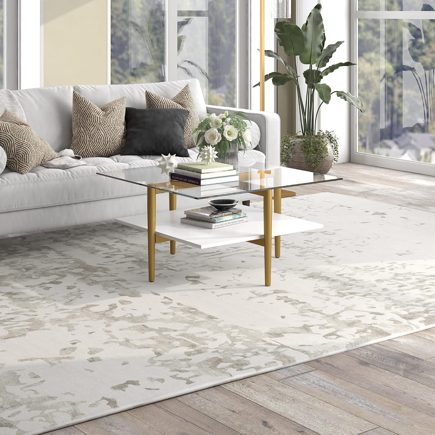 Otto 32' Wide Square Coffee Table with White Lacquer Shelf in Brass