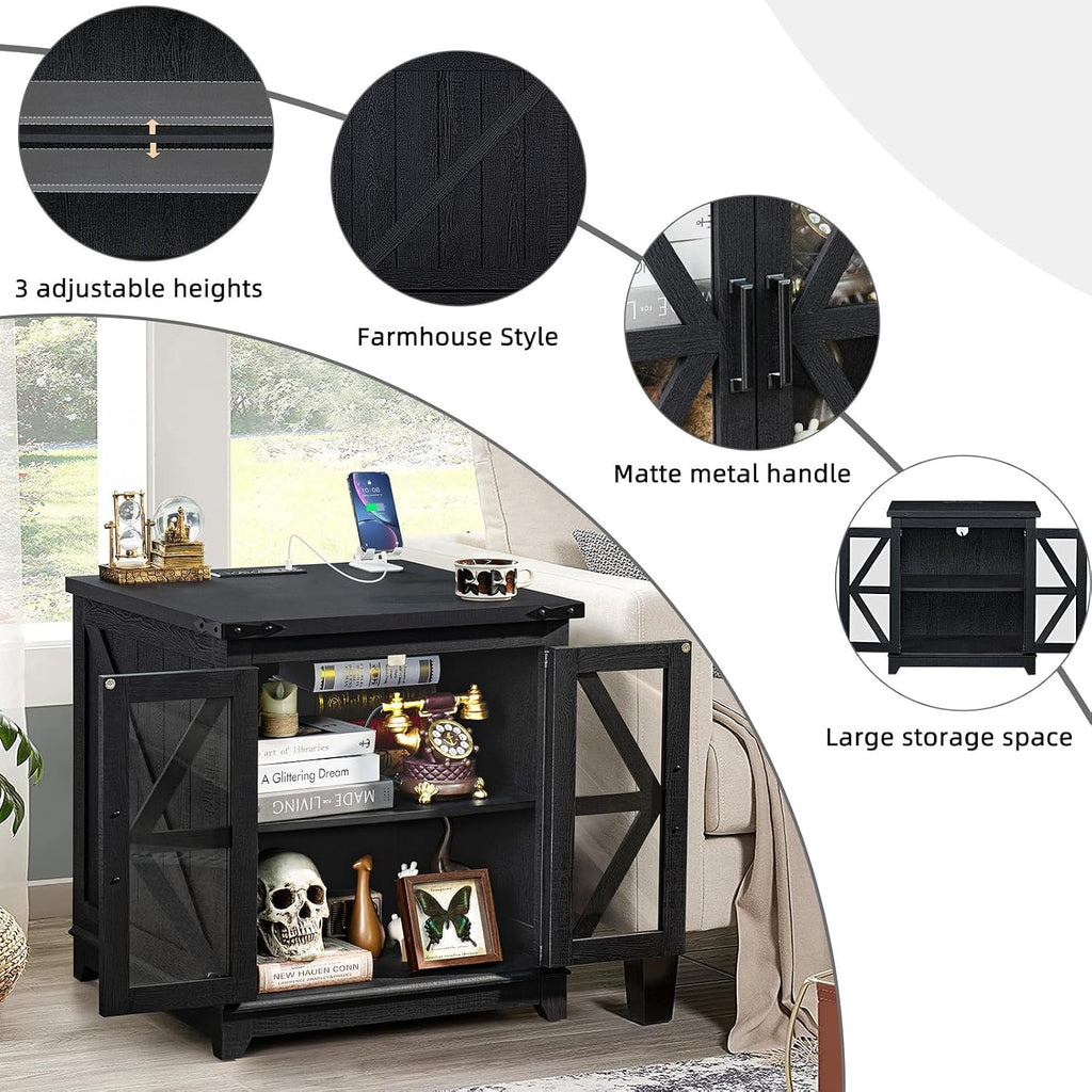 Farmhouse End Table Set of 2,24' Large Sofa Side Table with Charging Station Glass Barn Door,Wood Nightstand with Adjustable Storage Shelf,Square Bedside Table for Living Room,Bedroom,Office-Black