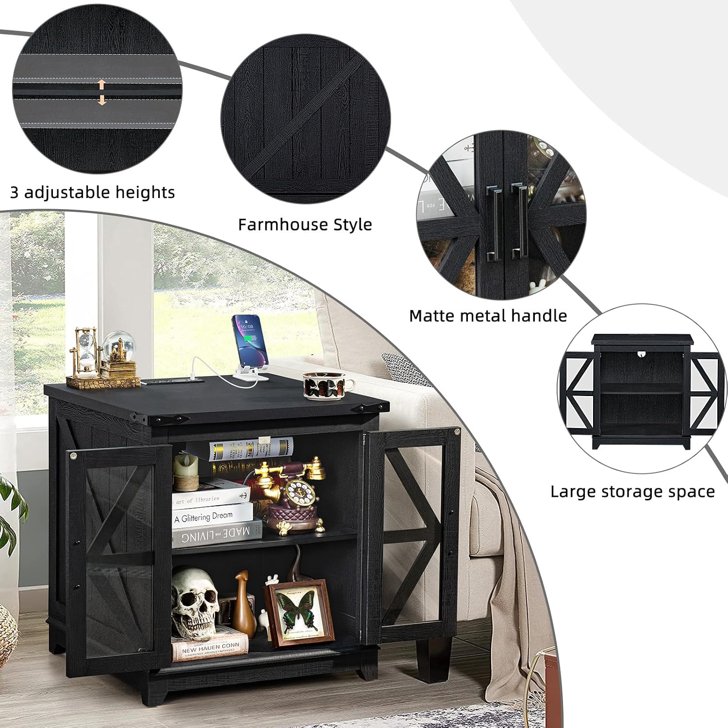 Farmhouse End Table Set of 2,24' Large Sofa Side Table with Charging Station Glass Barn Door,Wood Nightstand with Adjustable Storage Shelf,Square Bedside Table for Living Room,Bedroom,Office-Black