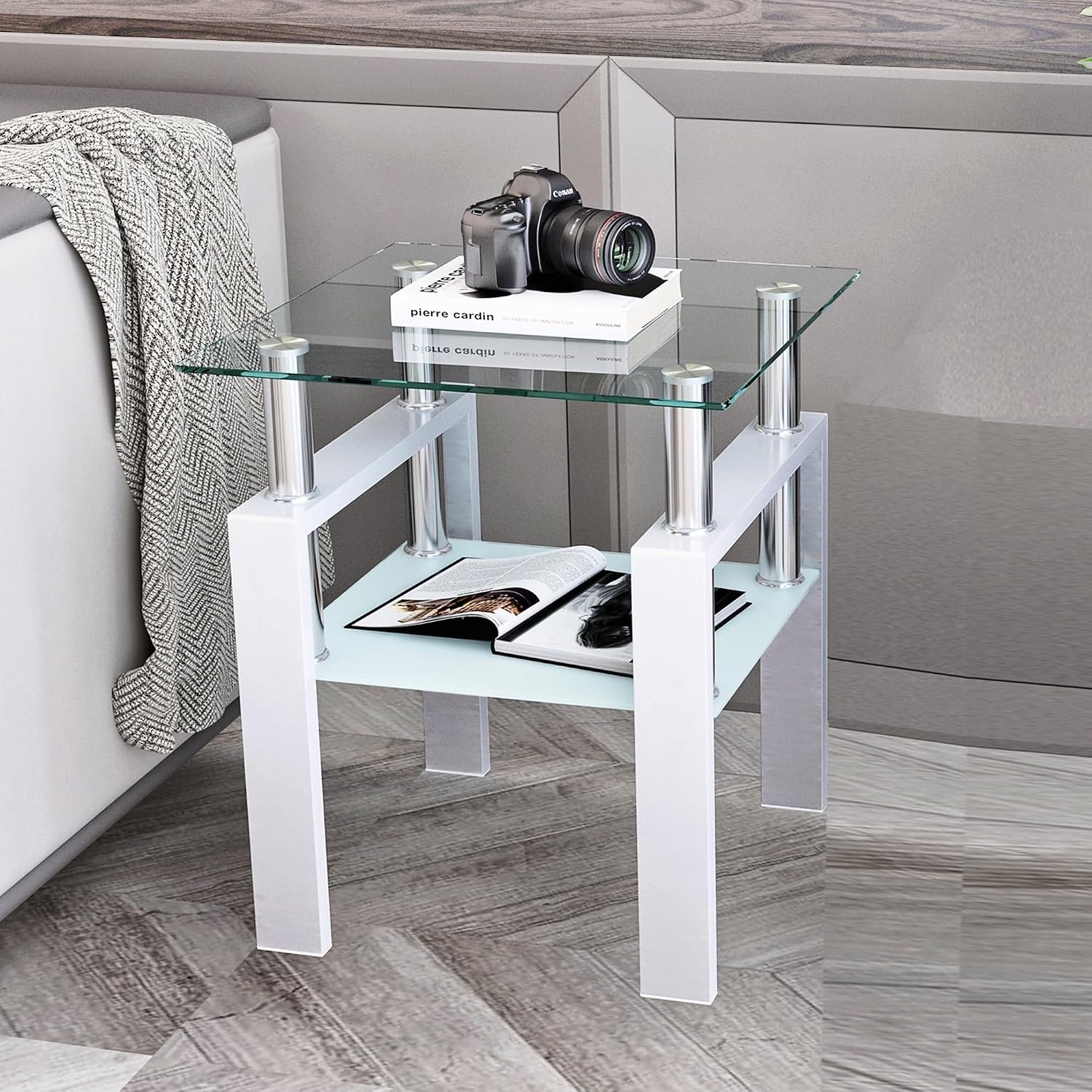 Glass Coffee Table Sets of 3 for Living Room, Mordern End Table Sofa Side Tables with Storage, Black Metal Leg, Rectangle Tempered Center Table Home Furniture Set (White)