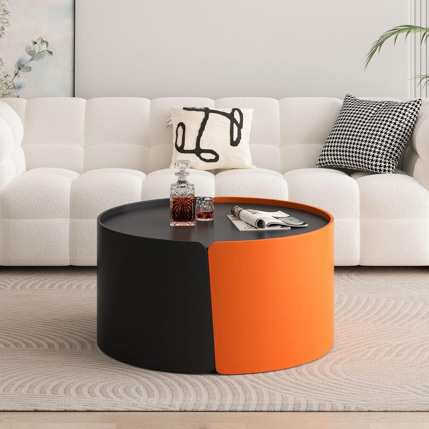 KEVINSPACE Round Coffee Table Mid Century Modern Coffee Table Pull Out Design Farmhouse Coffee Table with Storage Cocktail Table for Living Room Patio Office Abstract End Tables Black