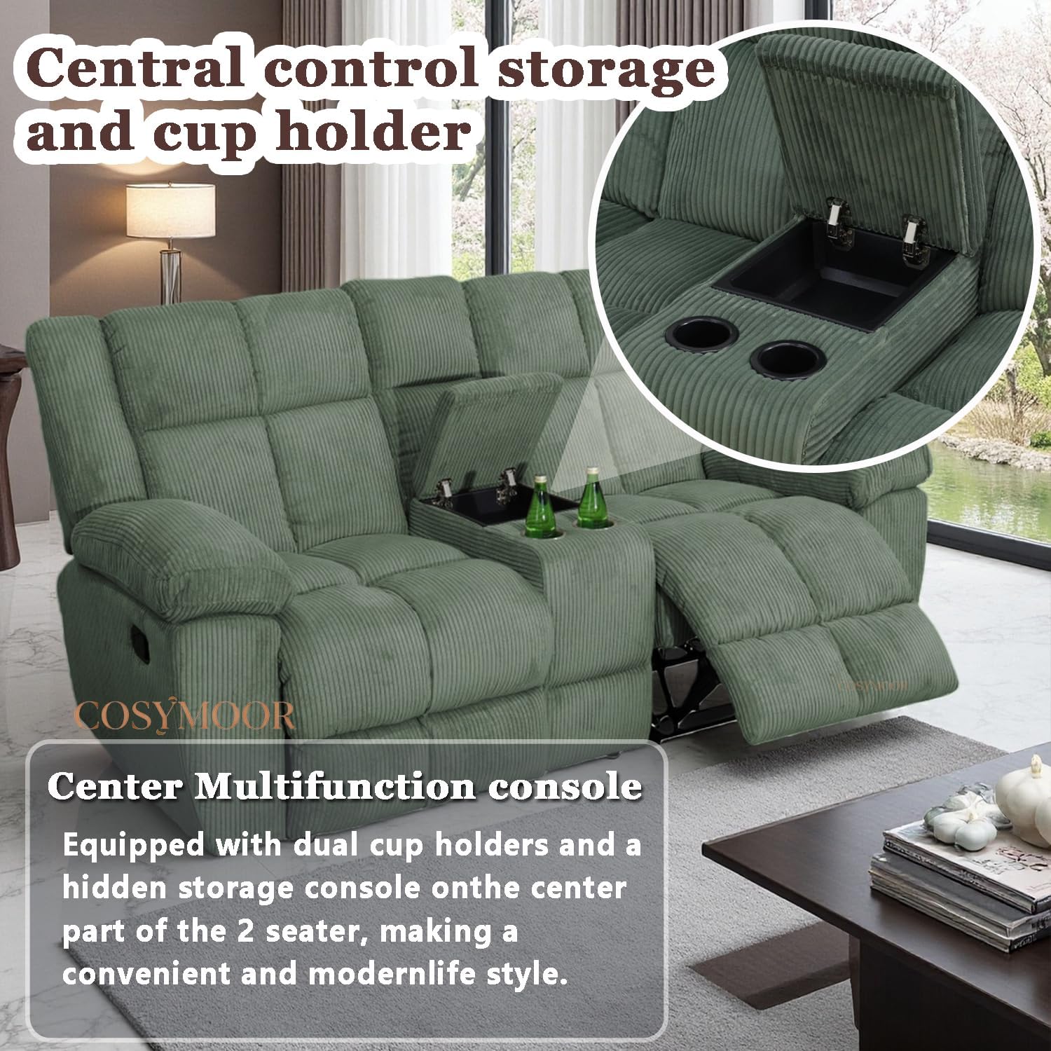 Manual Corduroy Sofa Set with Drop-Down Table, 2 Pieces Corduroy Recliner Sofa Sets, Living Room Furniture Sets, Recliner Loveseat with Storage Console/Cup Holder for Home/Office