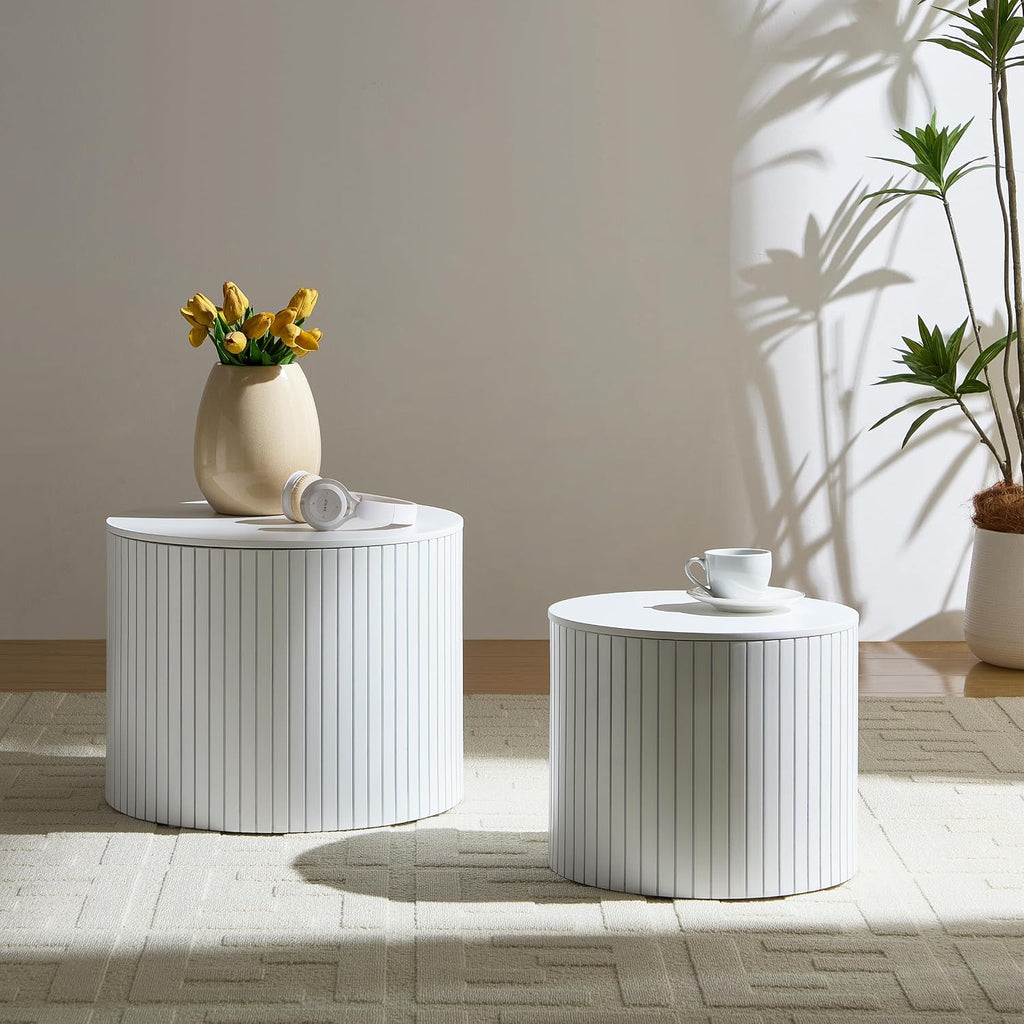 Nesting Coffee Table Set of 2, 19.17' Round Coffee Tables with Storage, Modern End Table for Living Room,Side Table for Apartment,Office,Dorm(White)
