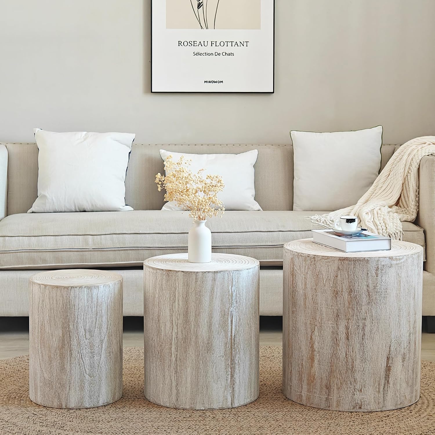 Wood Coffee Table Set of 3 for Living Room Round Wooden Coffee Tables with Clear and Visible Tree Rings - Antique White