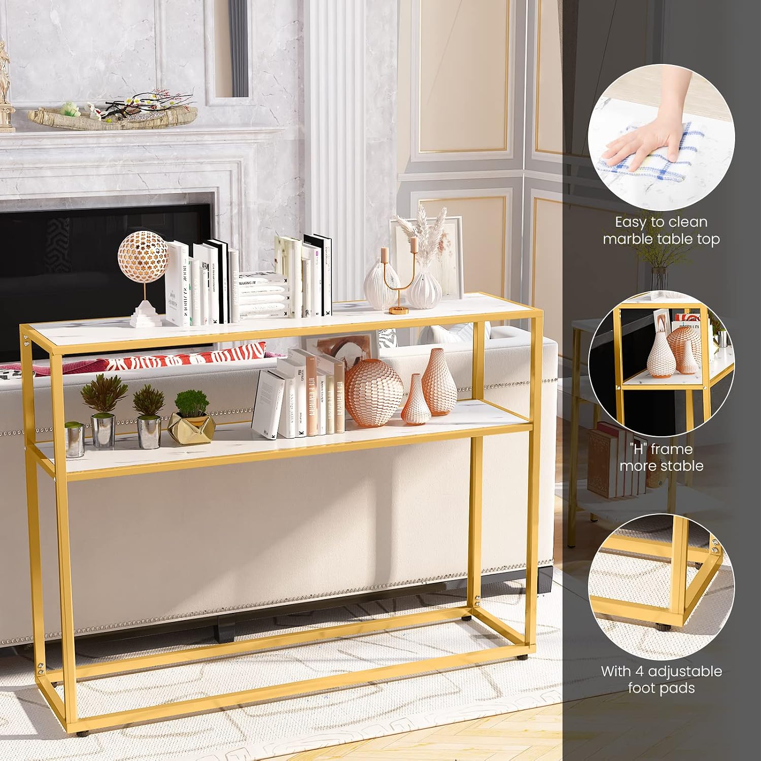Lamerge Marble Coffee Table Set - 3 Piece Living Room Table Set with Metal Frame, Gold+White