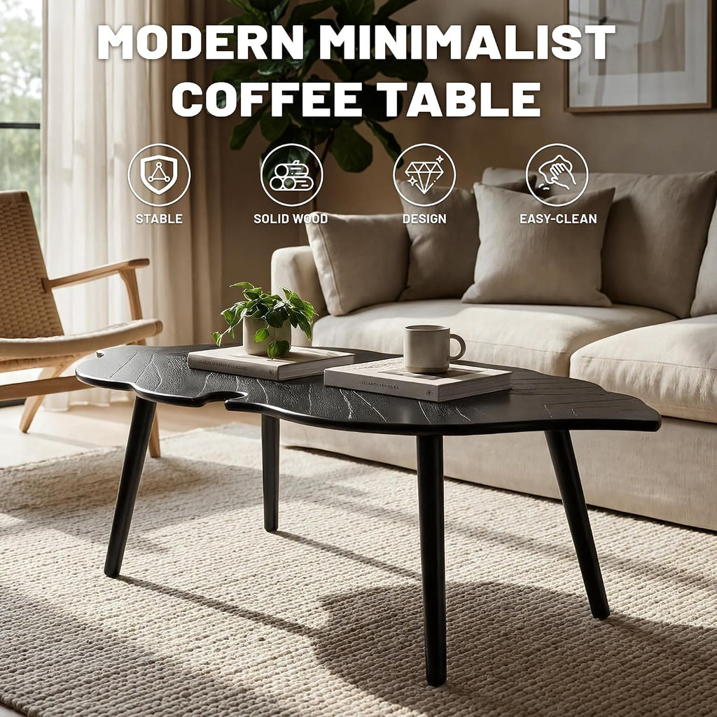 HNY Modern Coffee Table for Living Room, Black Wood Coffee Table Farmhouse Center Table Vivid Leaf Table End Table with Rustic Grain Side Table with Wood Leg for Bedroom Office Cafe Small Space