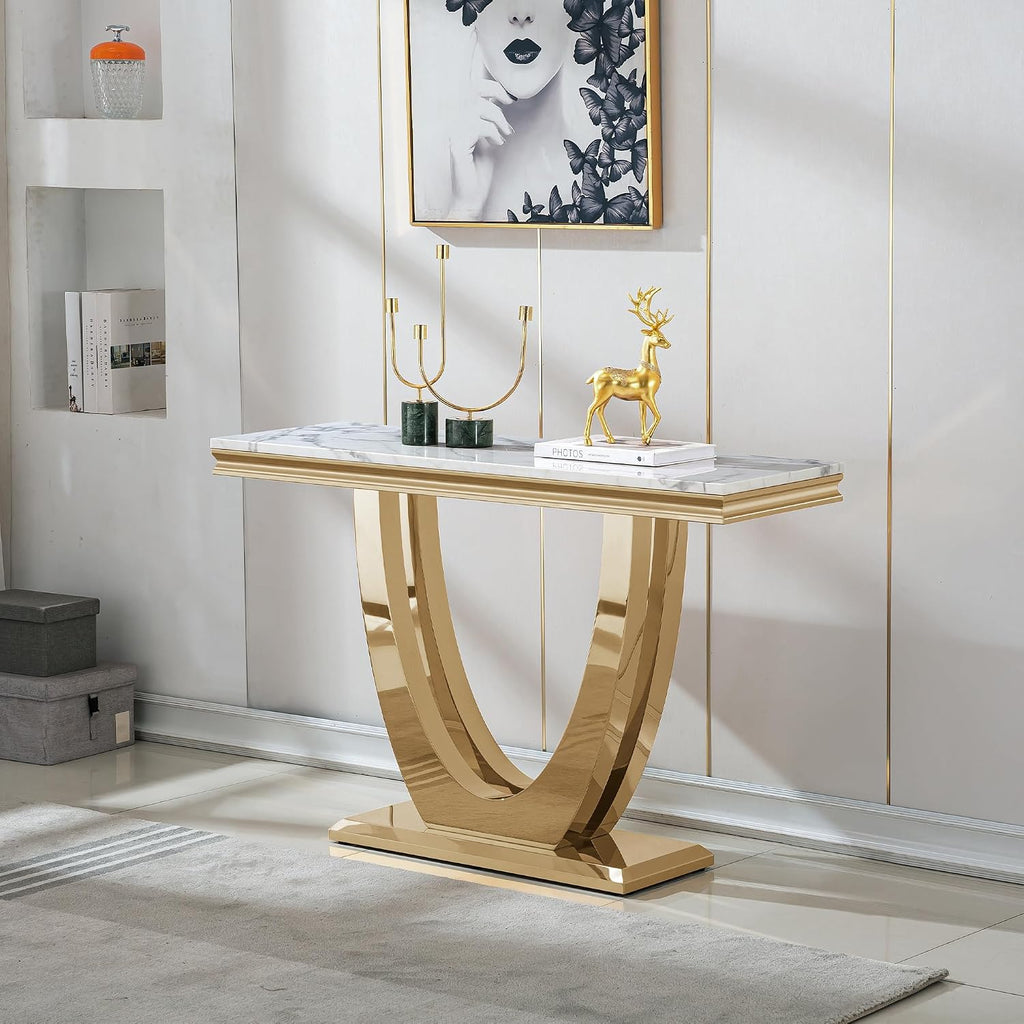Marble Coffee Table Set of 2, 2 Piece Living Room Table Set Include 1 Coffee Table & 1 Sofa Table,Modern White Gold Coffee Table and Console Table Sets with Double U Shape Stainless Steel Base