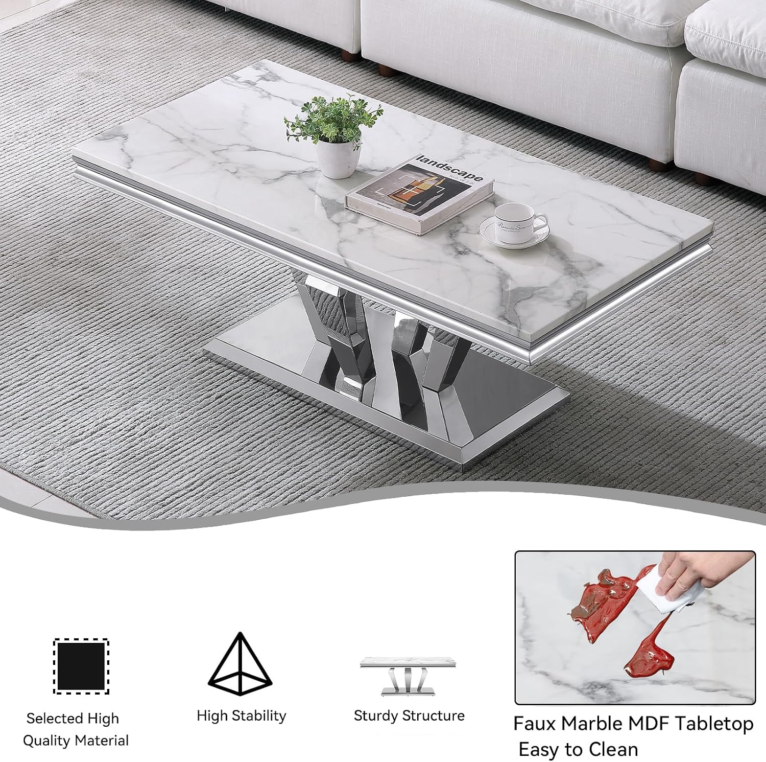 3 Pieces Coffee Table Set, Faux Marble Living Room Table Set of 3, Modern Coffee Table and 2 End Tables with Diamond-Shaped Stainless Steel Base for Living Room (White Silver)