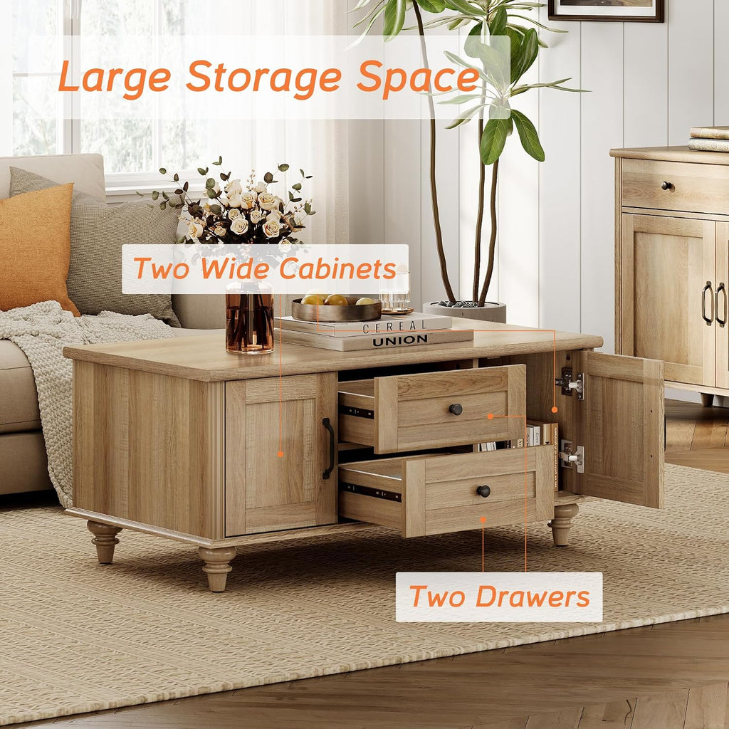 WAMPAT 3 Pieces Living Room Table Set, One Farmhouse Coffee Table with Storage Cabinet & Drawer, Set of 2 Rattan End Tables Nightstands with Charging Station, Oak