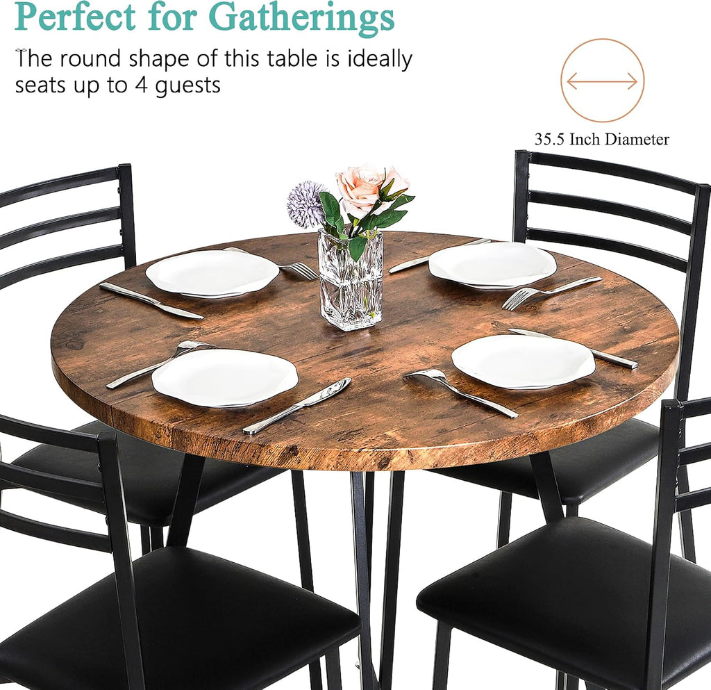 VECELO Round Dining Table Set for 4, Wood Tabletop & Heavy-Duty Steel Frame, 6-Piece Dinette with Chairs for Kitchen, Breakfast Nook, Antique Brown & Black