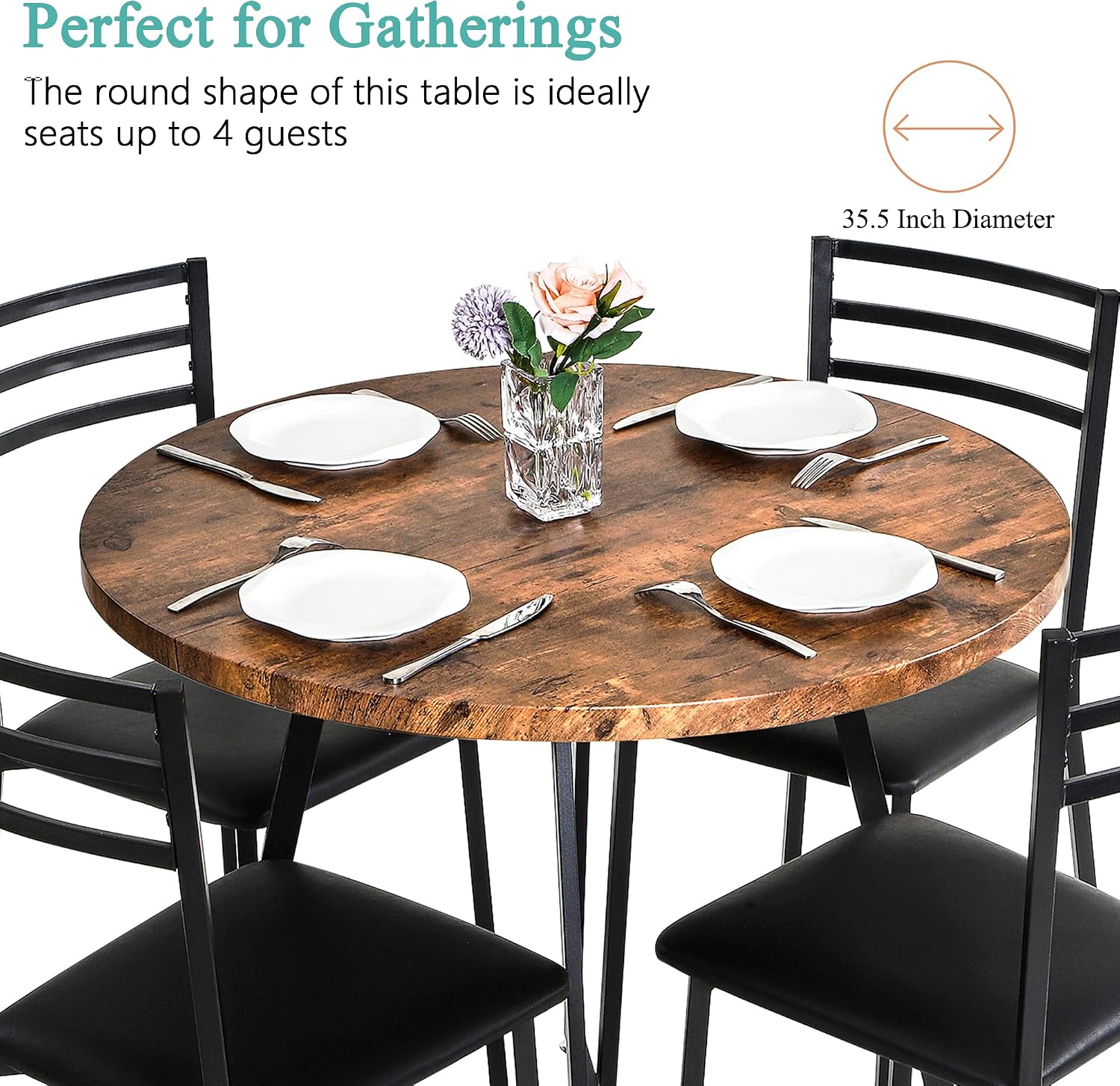 VECELO Round Dining Table Set for 4, Wood Tabletop & Heavy-Duty Steel Frame, 6-Piece Dinette with Chairs for Kitchen, Breakfast Nook, Antique Brown & Black