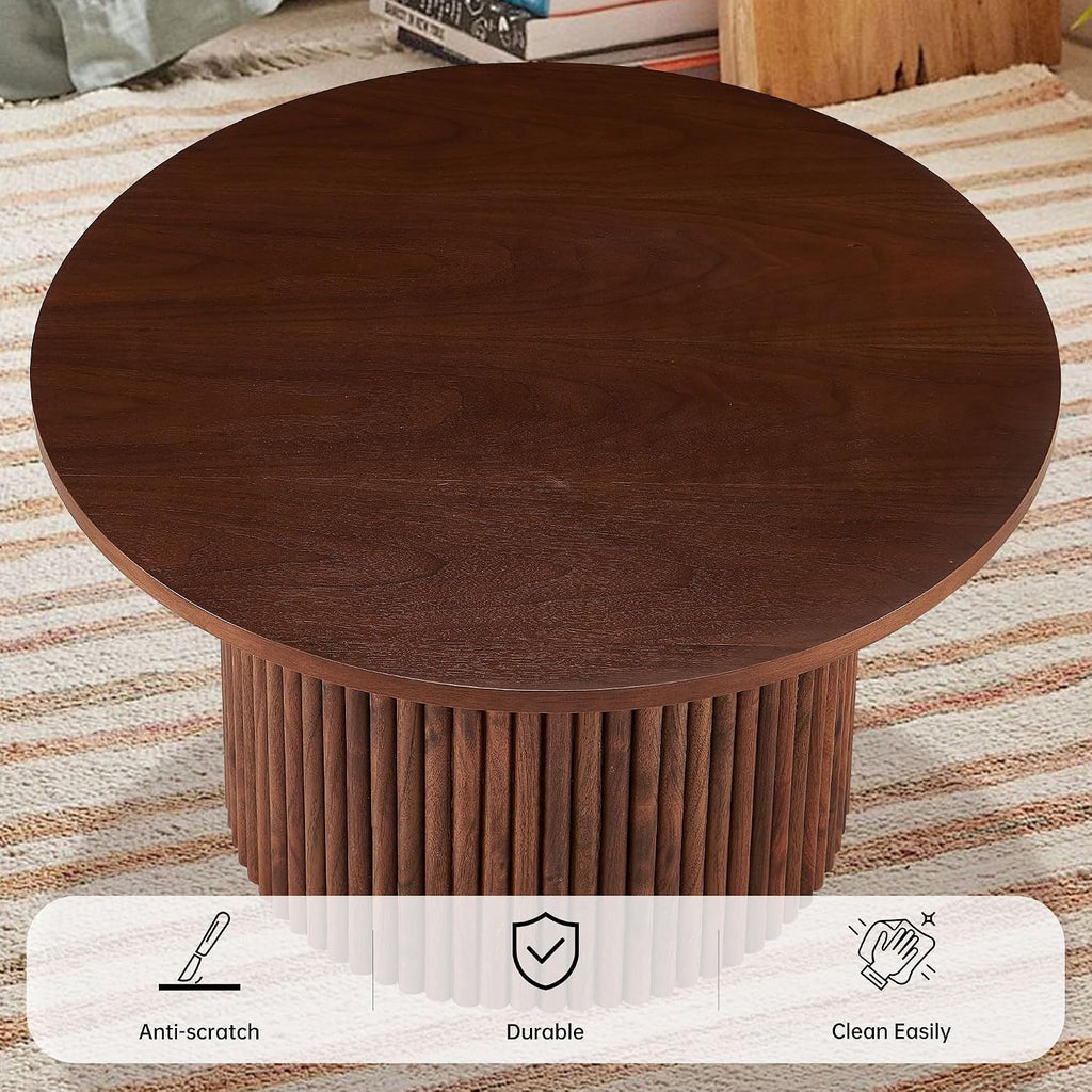 Round Coffee Table Set of 2,Small Side Table Set of 2, Circle Accent Tables with Walnut Wood Veneer Tabletop, Engineered Wood Strip Base for Small Spaces, Living Room
