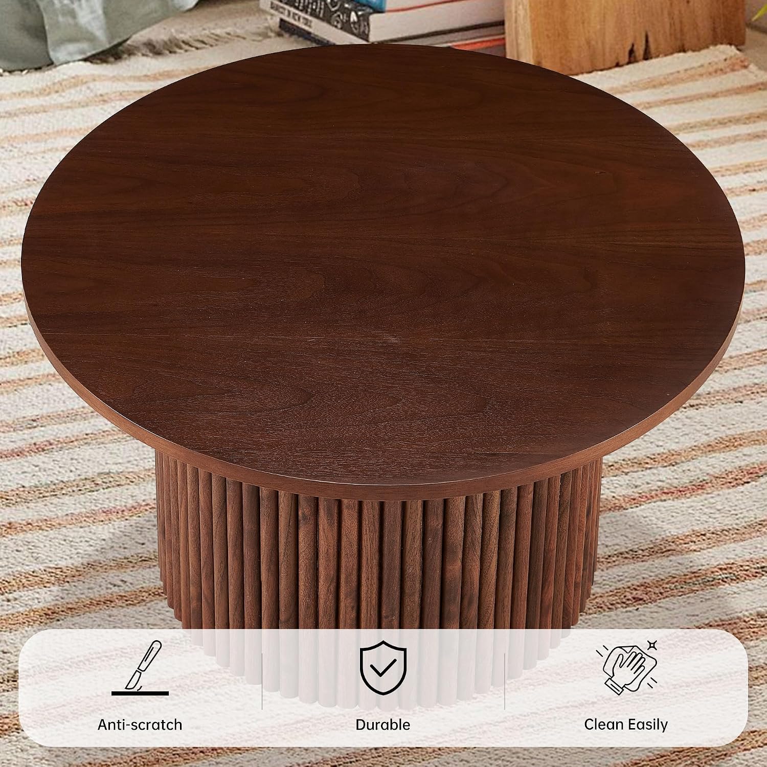 Round Coffee Table Set of 2,Small Side Table Set of 2, Circle Accent Tables with Walnut Wood Veneer Tabletop, Engineered Wood Strip Base for Small Spaces, Living Room