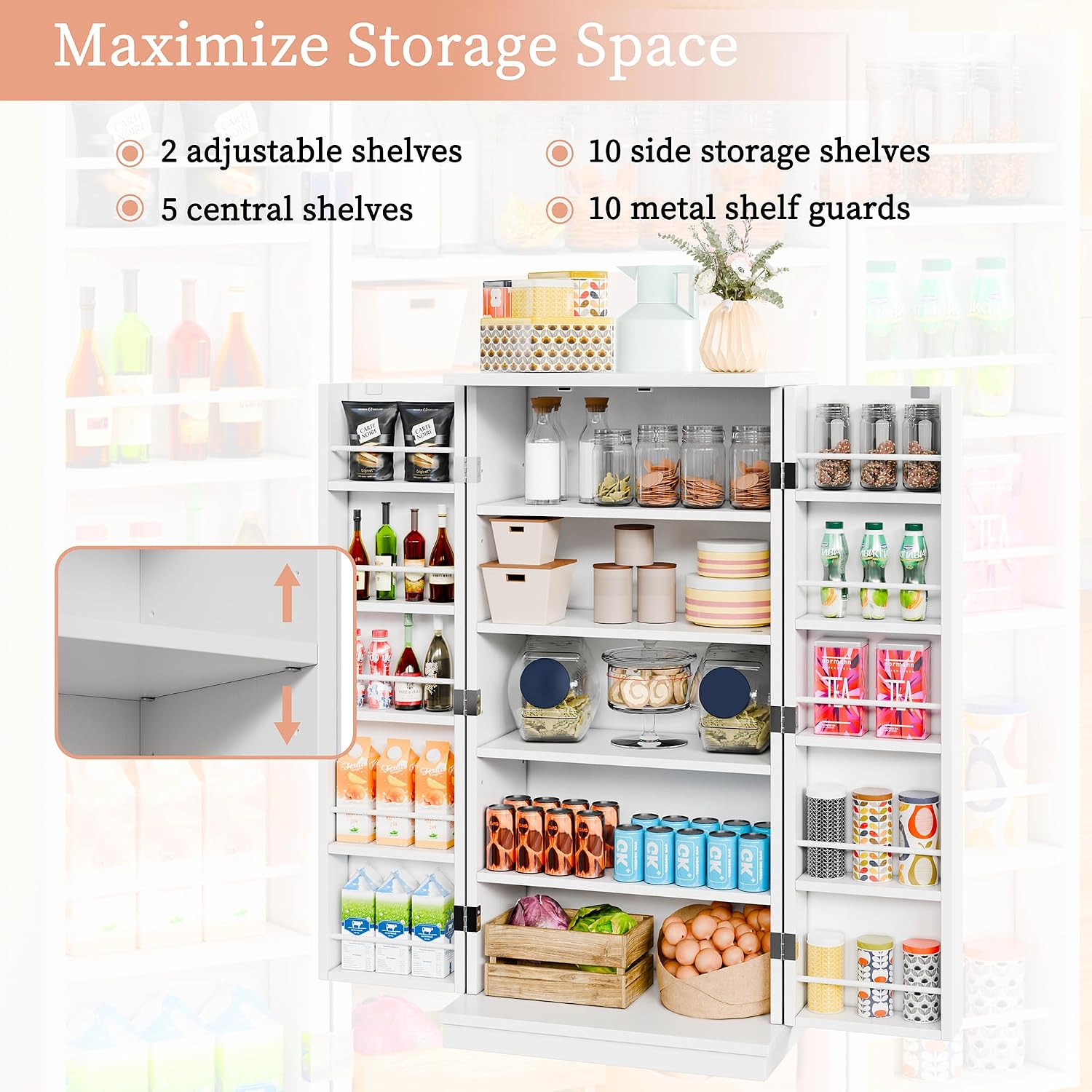 47in Kitchen Pantry Cabinet, Wood Kitchen Storage Pantry Cabinets Freestanding Pantries Cabinets with Doors & Adjustable Shelves, White