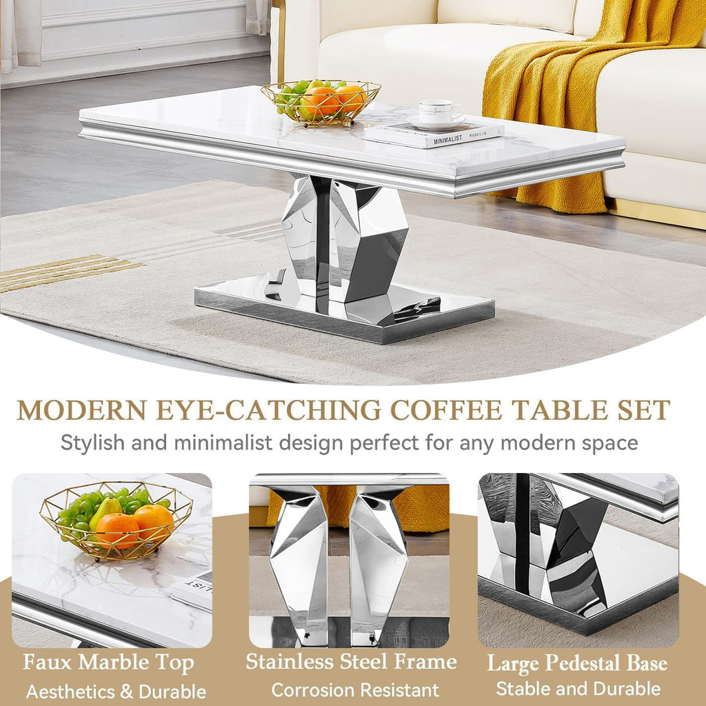 Modern Marble Coffee Table, 47' White Silver Coffee Table with Mirrored I-Shape Stainless Steel Base, Faux Marble Rectangle Living Room Center Table Cocktail Tea Table for Home Office