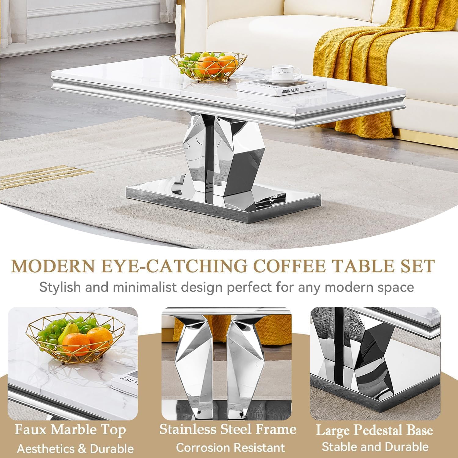 Modern Marble Coffee Table, 47' White Silver Coffee Table with Mirrored I-Shape Stainless Steel Base, Faux Marble Rectangle Living Room Center Table Cocktail Tea Table for Home Office