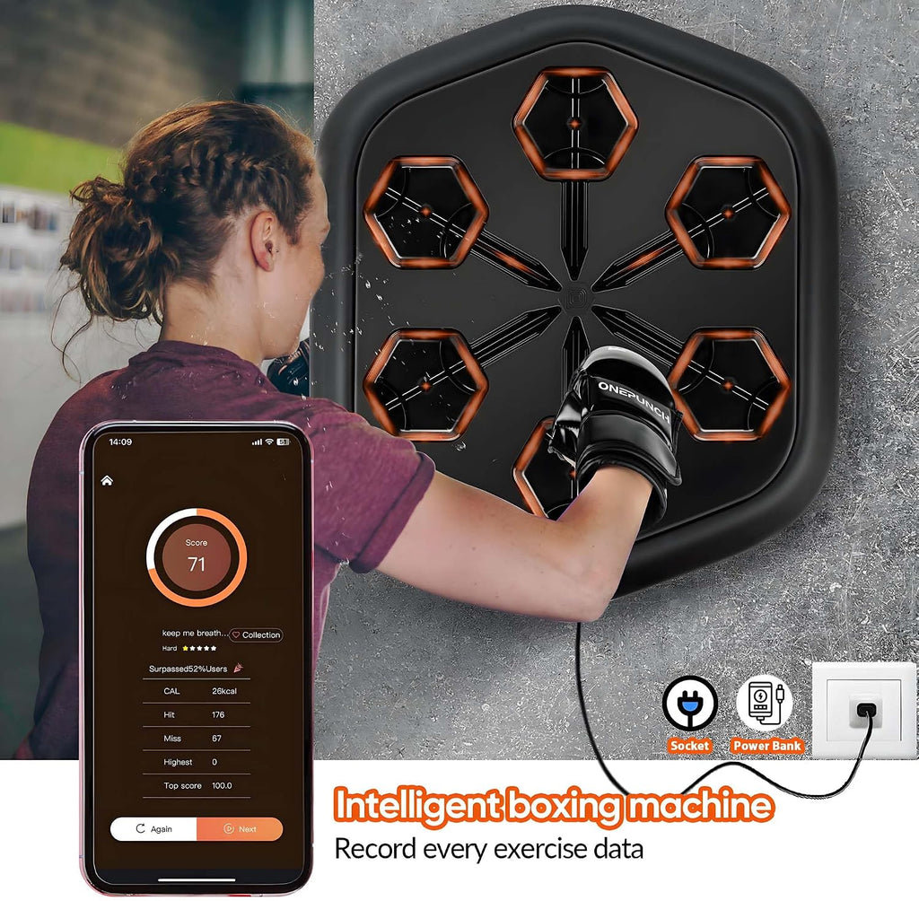 ONEPUNCH Music Boxing Machine Wall Mounted, Smart Boxing Music Machine with LED, Punching Game Machine with Phone Holder & Boxing Gloves for Stress Release