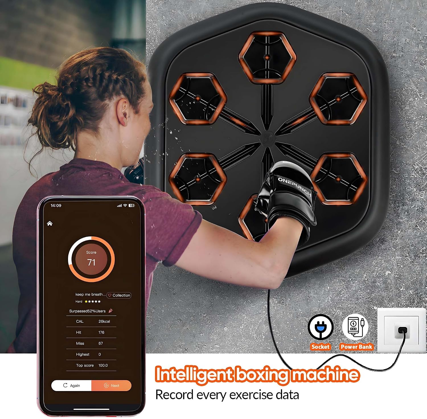 ONEPUNCH Music Boxing Machine Wall Mounted, Smart Boxing Music Machine with LED, Punching Game Machine with Phone Holder & Boxing Gloves for Stress Release