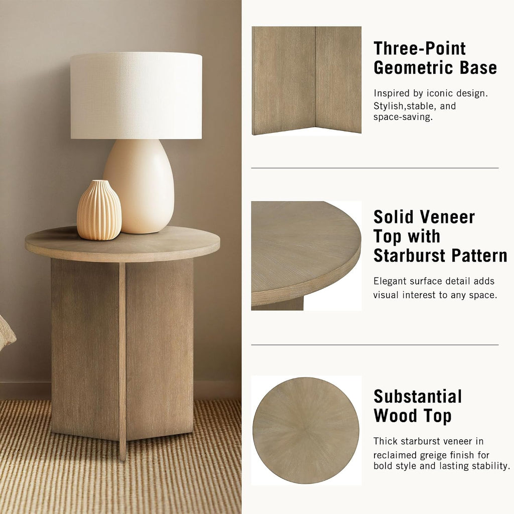 Martha Stewart Sadie Round Coffee Table – Starburst Veneer Top, Reclaimed Greige Wood Finish, Modern Accent for Living Room, Lounge, or Sitting Area, 22' x Dia 24' H