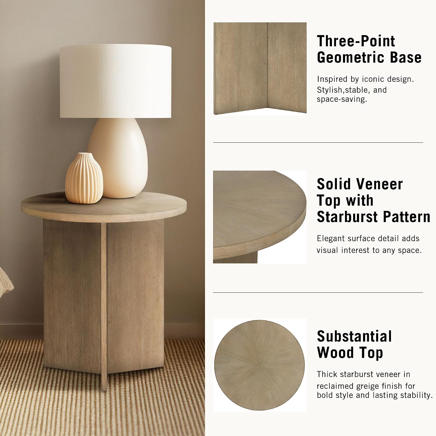 Martha Stewart Sadie Round Coffee Table – Starburst Veneer Top, Reclaimed Greige Wood Finish, Modern Accent for Living Room, Lounge, or Sitting Area, 22' x Dia 24' H