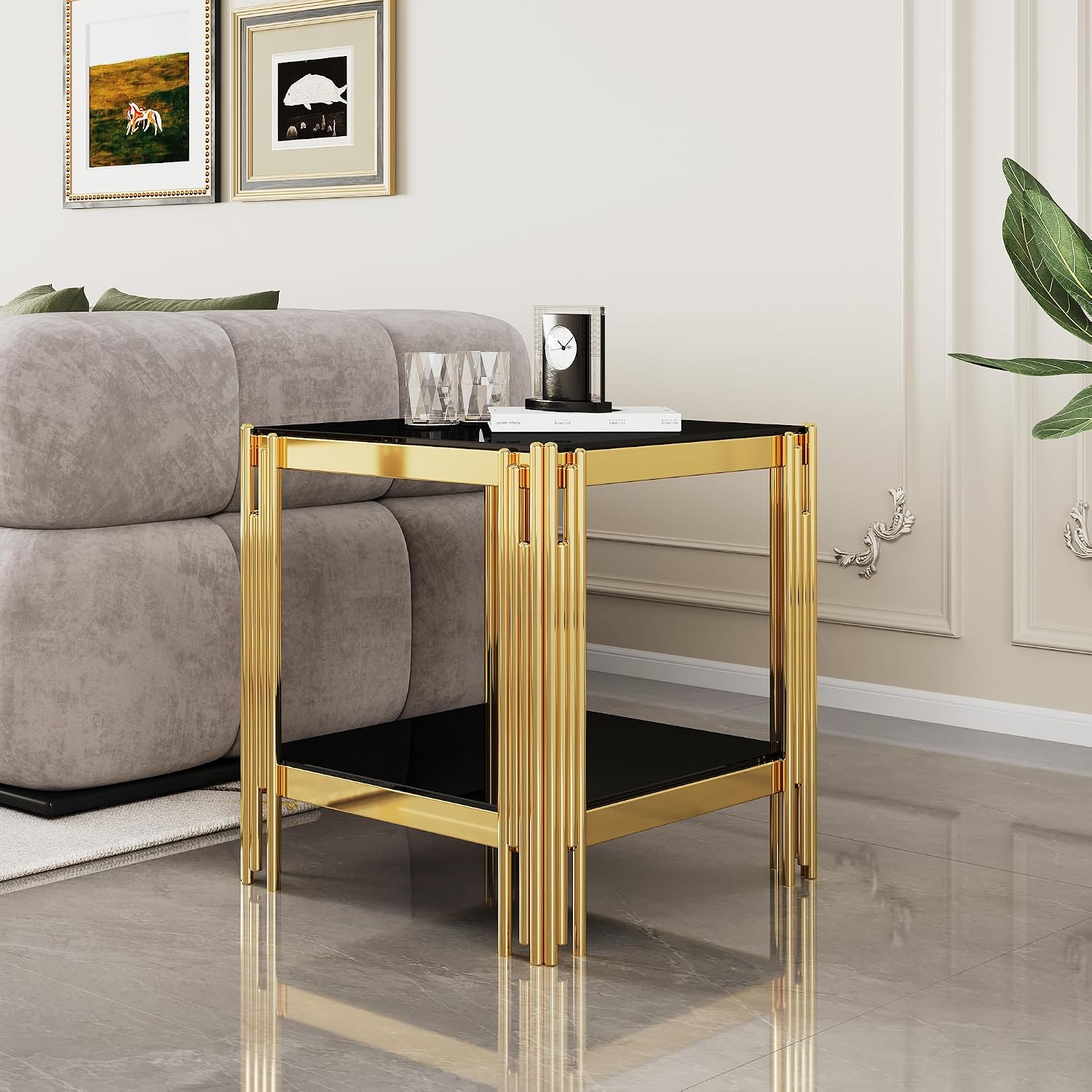 Luxury Gold Glass End Table,Sqaure Sofa Side Table with Shiny Geometric Stainless Steel Base,Black Glass Accent End Table Bedside Table Nightstand for Living Room Bedroom Office