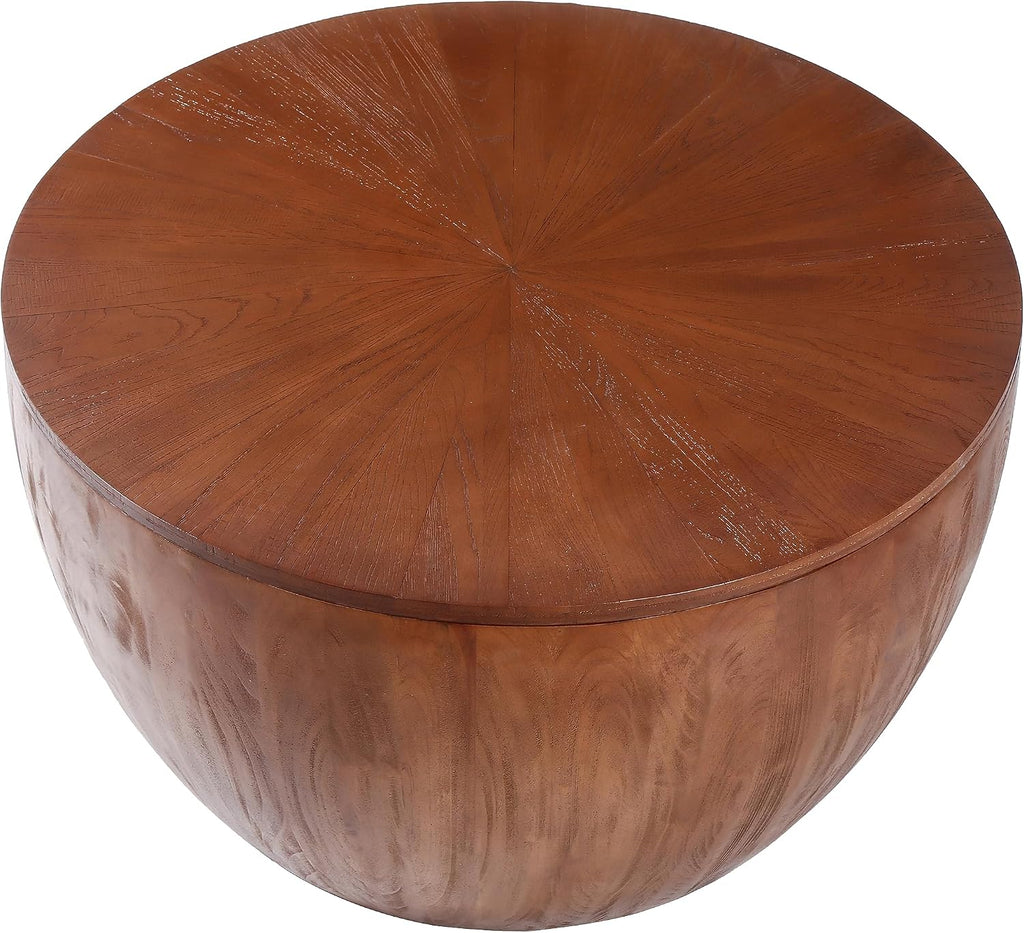 31.5'' Round Wood Coffee Table with Storage for Living Room, Modern Vintage Farmhouse Bucket Shaped Drum Coffee Table for Living Room Apartment Bedroom (Brown, ø31.5'' x 17.7'')