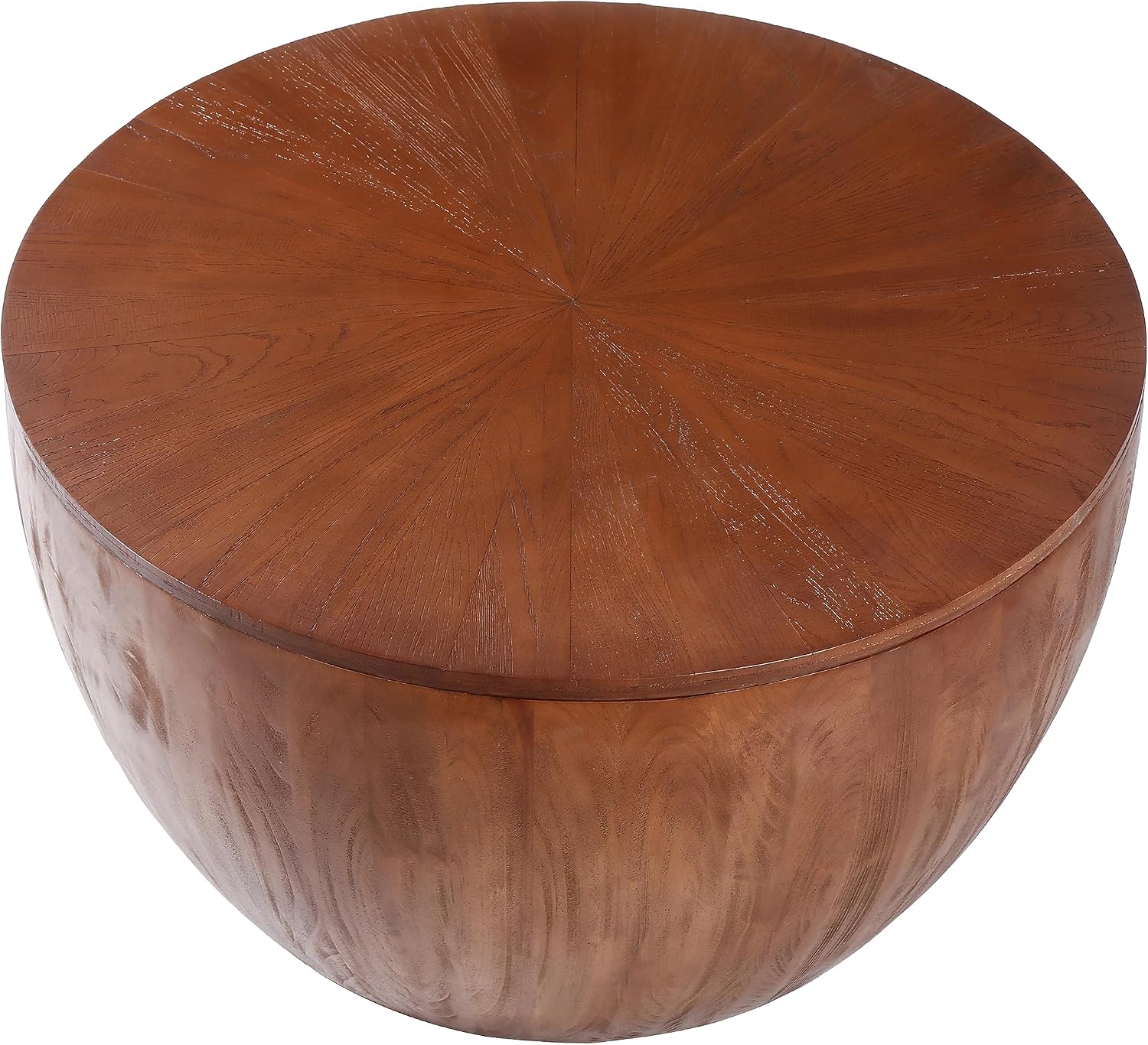 31.5'' Round Wood Coffee Table with Storage for Living Room, Modern Vintage Farmhouse Bucket Shaped Drum Coffee Table for Living Room Apartment Bedroom (Brown, ø31.5'' x 17.7'')
