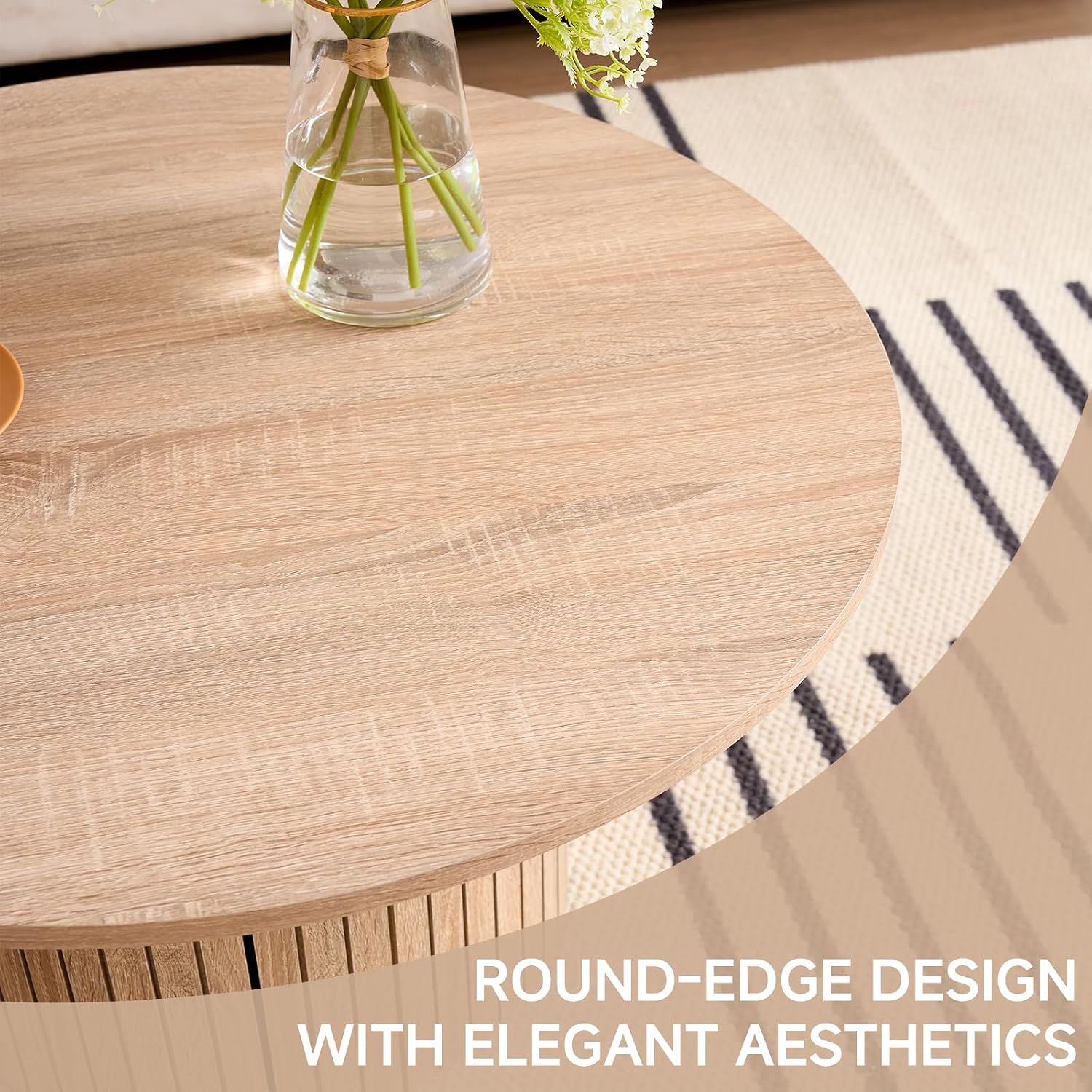 Round Coffee Tables Set of 2, Circle Modern Small Wood Side Table with Fluted Style Drum Base for Living Room Bedroom Balcony Office, Natural