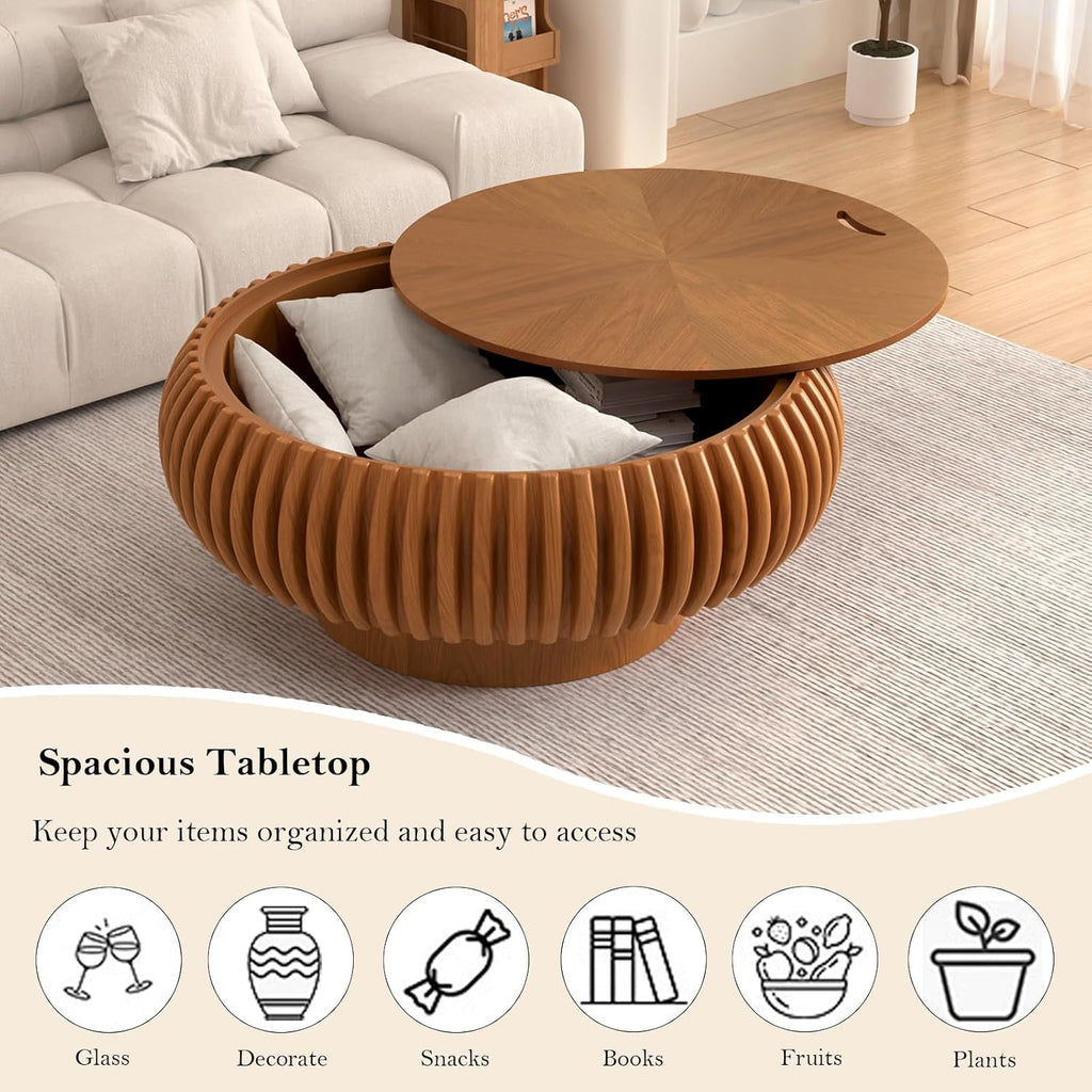 31.5' Round Fluted Coffee Table with Storage Unique Contemporary Wood Low Circle Drum Tea Tables - Sturdy Pedestal for Small Space (J Brown 31.5in)