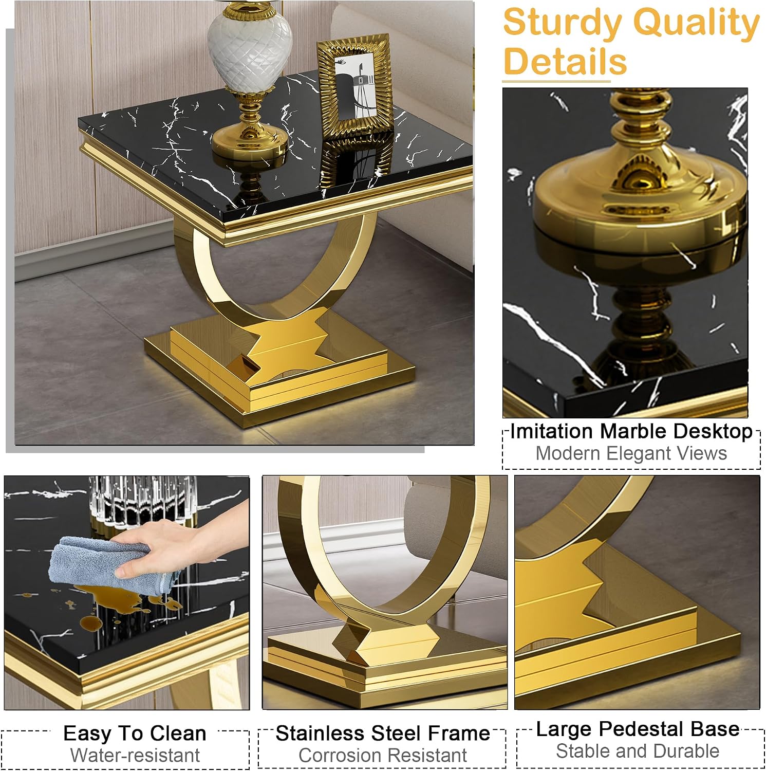 Modern Marble End Table,Luxury Black Faux Marble Side Table with Gold O-Shape Stainless Steel Base,Square End Table Bedside Table Lamp Table Nightstand for Living Room Bedroom