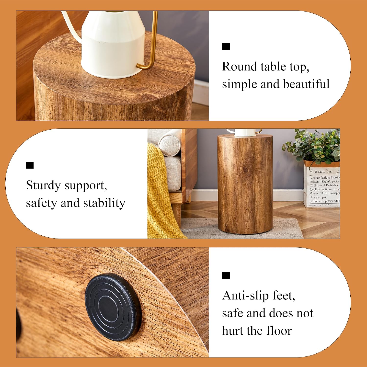 Rustic Brown Small Coffee Table Modern Drum-Shape Bedside Table Nightstand for Bedroom Living Room Round Wood Side End Table Beside Sofa Couch -Fully Assembled (12 x 12 x 19.7 H)