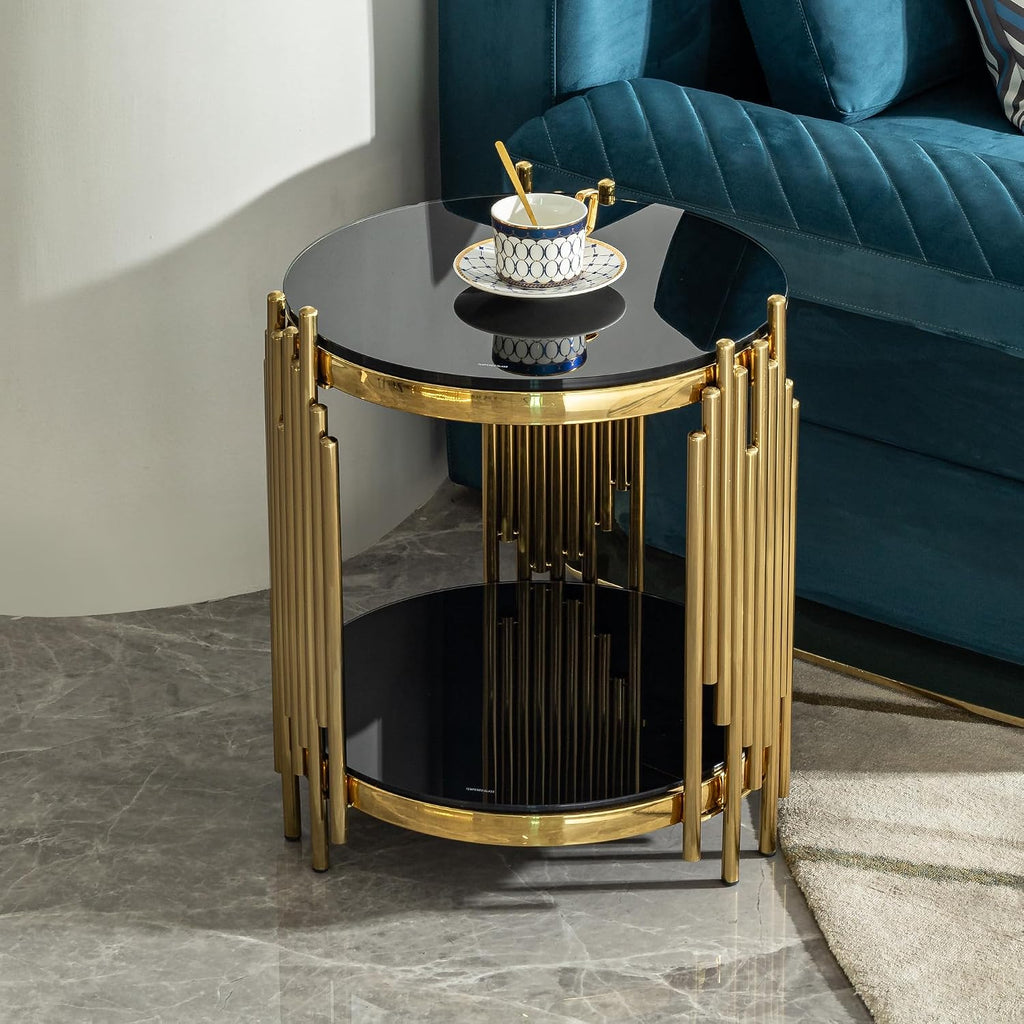 17.72' Black and Gold Tempered Glass Coffee Table with Storage, Luxury Circle Center Table with Shelf, 2 Tier Round CoffeeTable for Living Room Modern Mirror CoffeeTable, Circular Stainless Steel Base