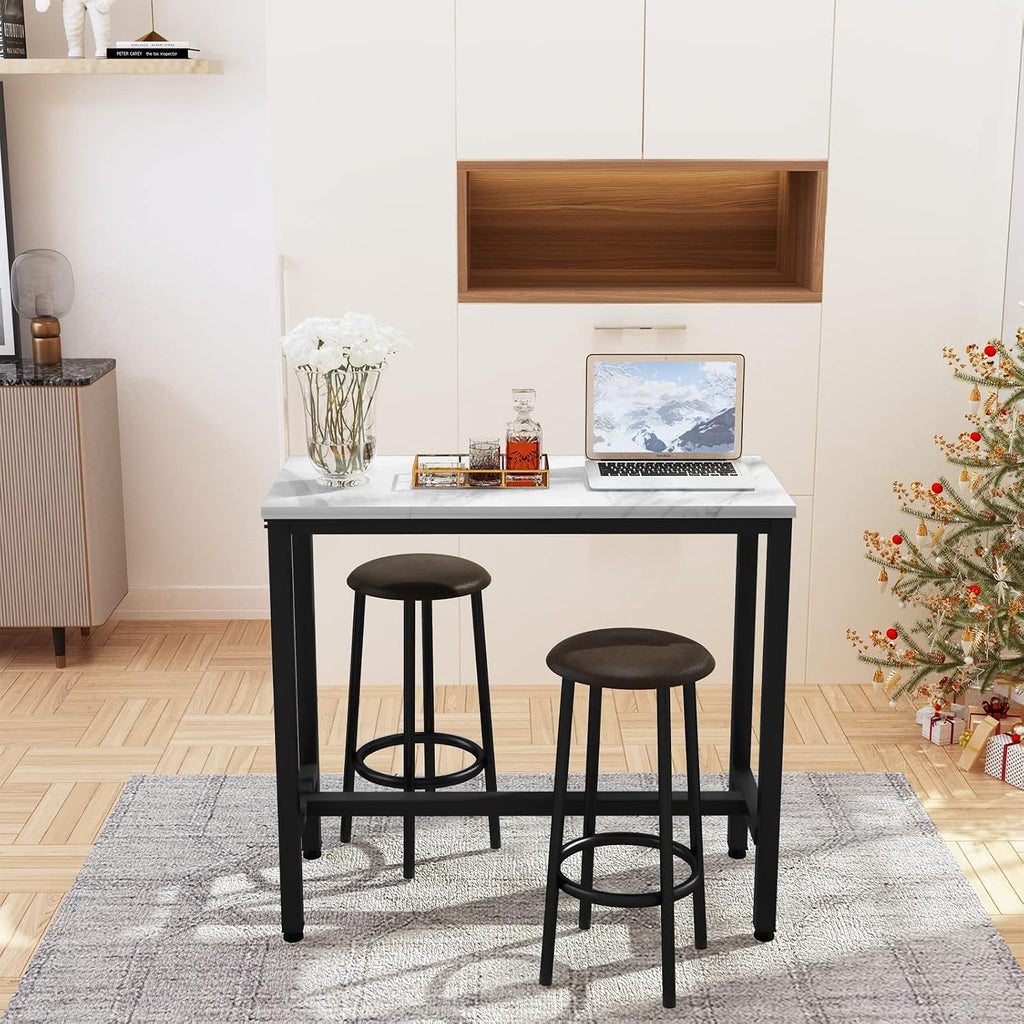 AWQM 39.3' Bar Table Set of 2,Faux Marble Pub Height Table and Chairs Set of 2 with Upholstered Stools,3 Piece Bar Table and Chairs Set Dining Table Set for Living Room,Kitchen,Bar,White & Brown