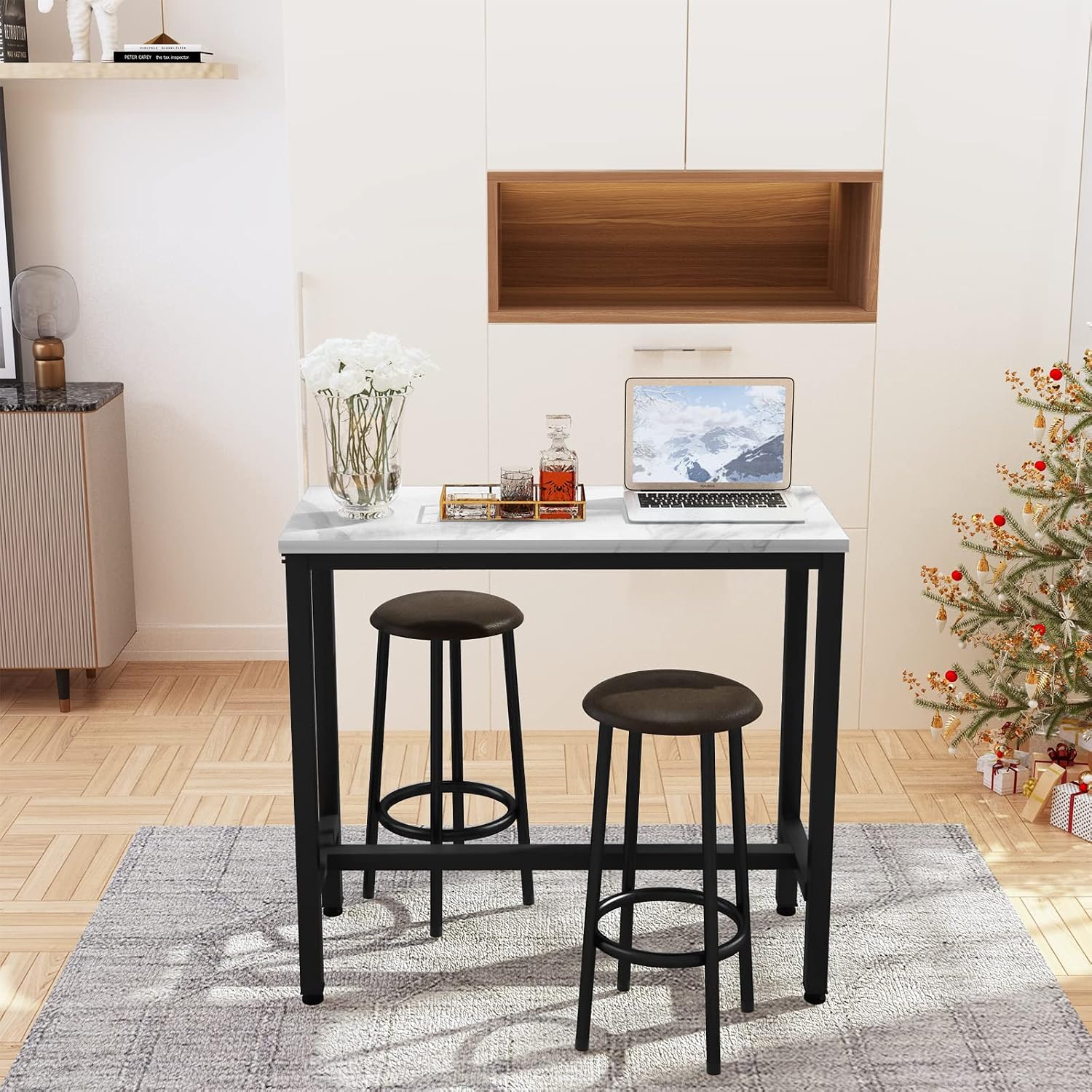 AWQM 39.3' Bar Table Set of 2,Faux Marble Pub Height Table and Chairs Set of 2 with Upholstered Stools,3 Piece Bar Table and Chairs Set Dining Table Set for Living Room,Kitchen,Bar,White & Brown